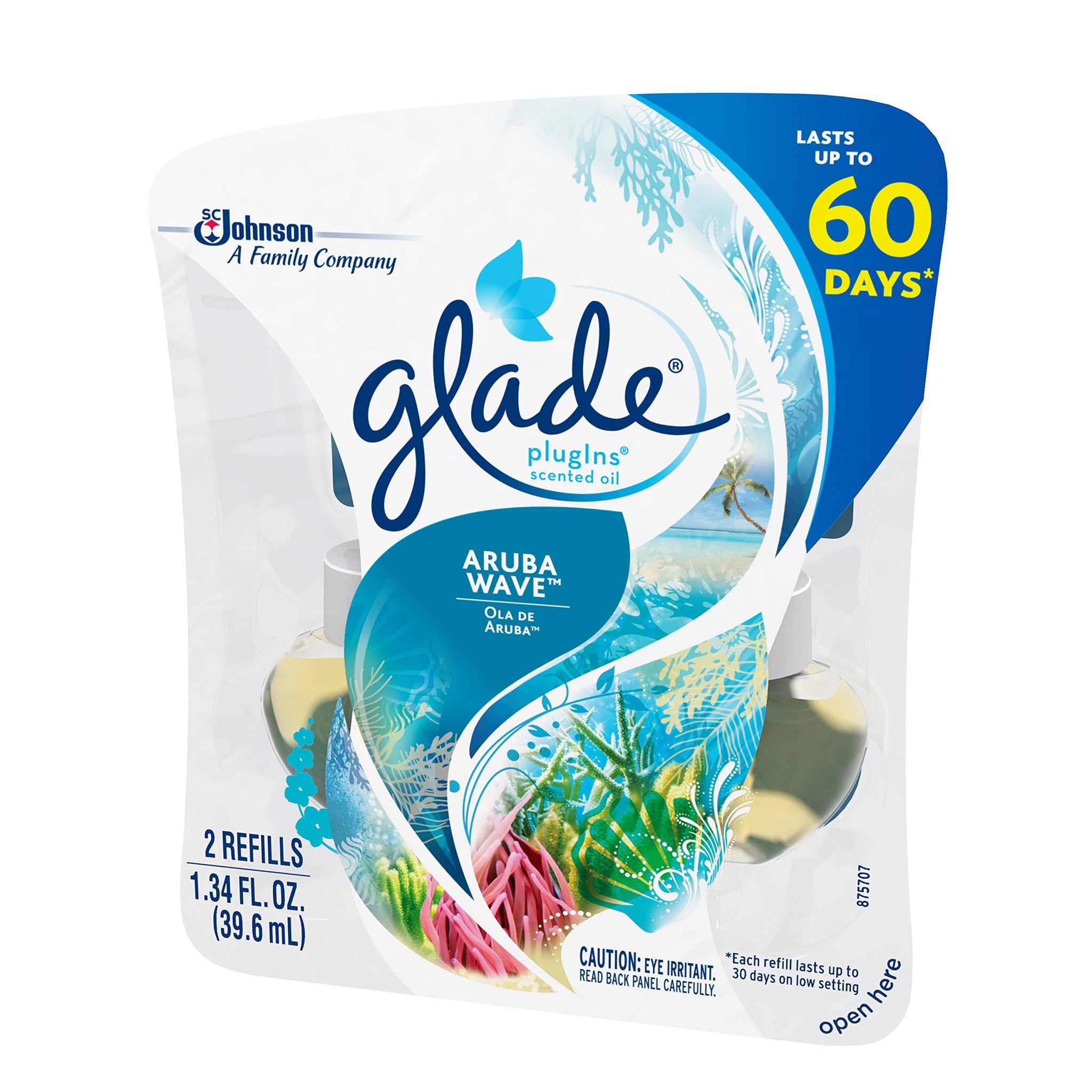 Glade PlugIns Refills Air Freshener, Scented and Essential Oils for Home and Bathroom, Aruba Wave, 1.34 Oz, 2 Count