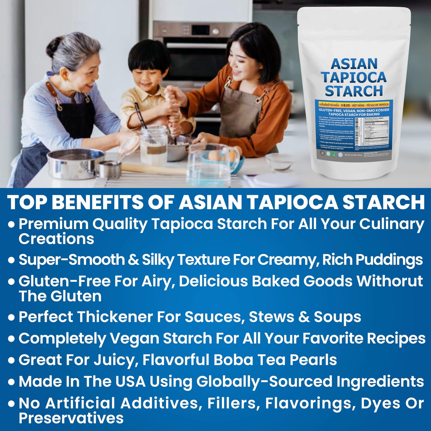 Tapioca Flour for Baking - Tapioca Starch Powder 2.5 lb Resealable Poly Bag - Non-GMO, Gluten Free, Vegan, Kosher, Plant Based, Cooking & Boba Pearls