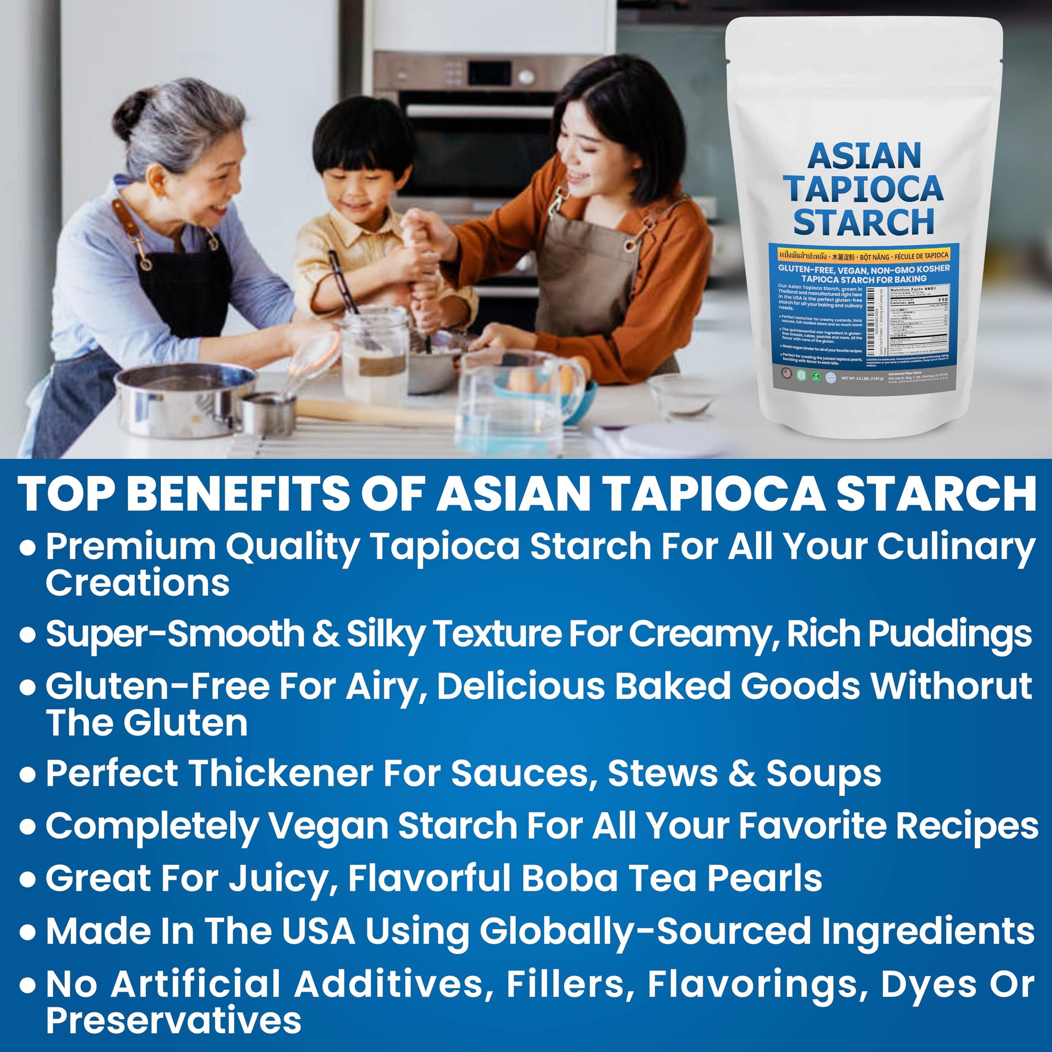 Tapioca Flour for Baking - Tapioca Starch Powder 2.5 lb Resealable Poly Bag - Non-GMO, Gluten Free, Vegan, Kosher, Plant Based, Cooking & Boba Pearls