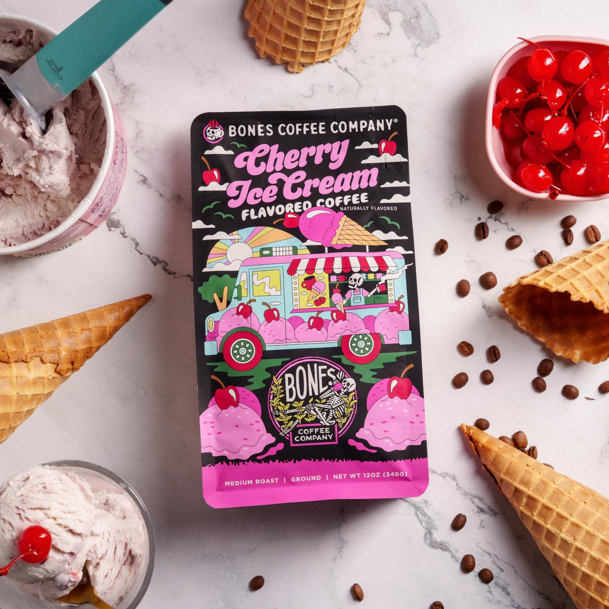 Bones Coffee Company Cherry Ice Cream Flavored Coffee, Medium Roast Low Acid Arabica Beans Compatible with Auto drip and French Press Coffee Maker, 12
