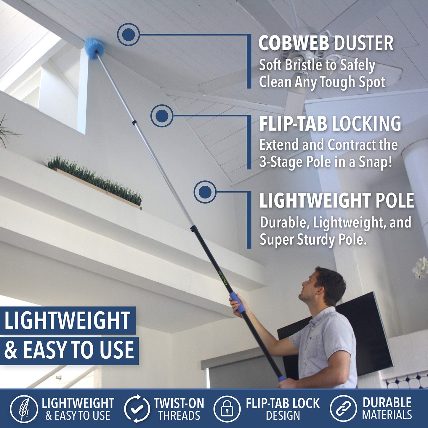 EVERSPROUT 5-to-12 Foot Cobweb Duster and Extension-Pole Combo (20 Foot Reach, Soft Bristles) | Hand Packaged | Lightweight, 3-Stage Aluminum Pole |