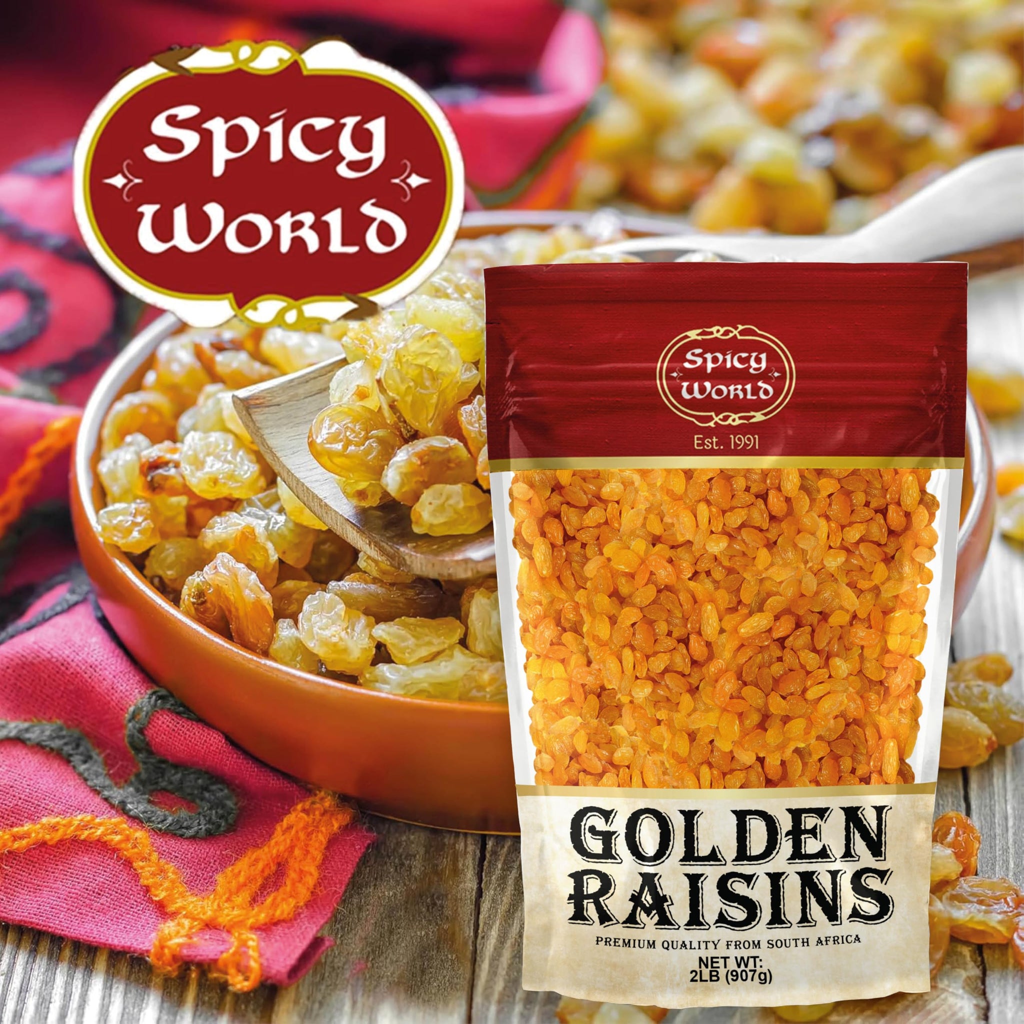 Spicy World Golden Raisins 2 LB Bulk Bag - Sweet & Seedless Sultanas from South Africa | | Perfectly Dried for Natural Sweetness | Ideal Dried Fruit
