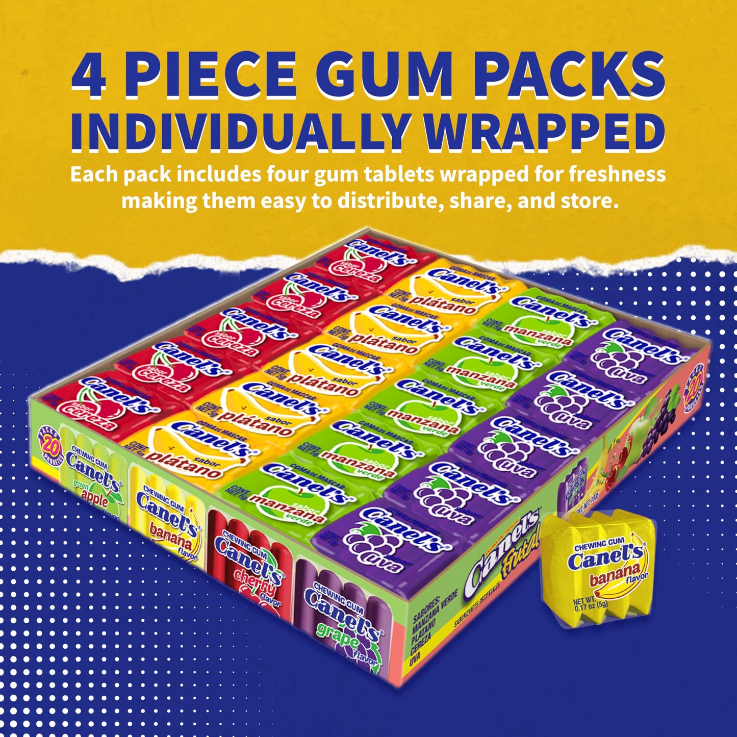 Canel’s Fruit Flavor Chewing Gum, 4 Piece Packs with Cherry, Banana, Grape, and Apple, for Parties and Candy Bars, 60 Count (Pack of 1)