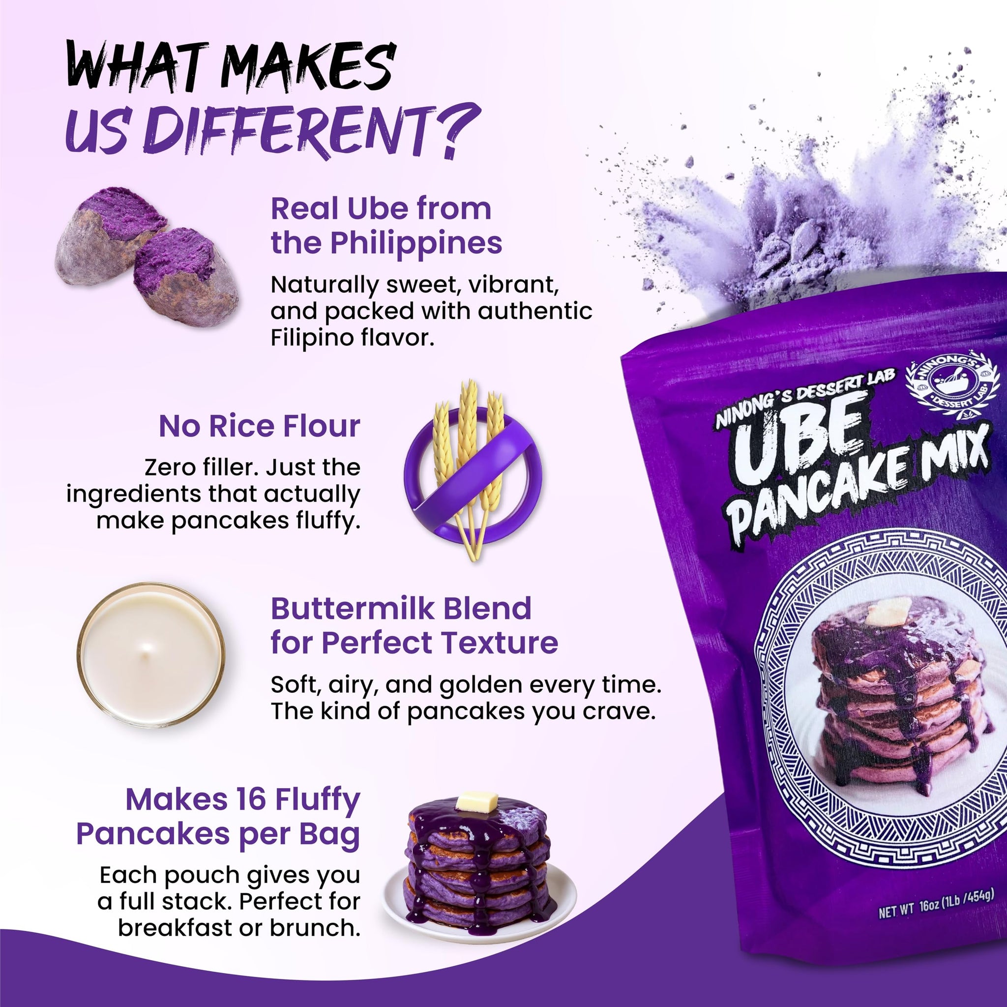Ninong's Dessert Lab Ube Pancake Mix, Ube Flavored Buttermilk Pancake Mix with Real Ube, Makes Ube Cakes, Waffles, Crepes and more, Just Add Water (1 Pound)