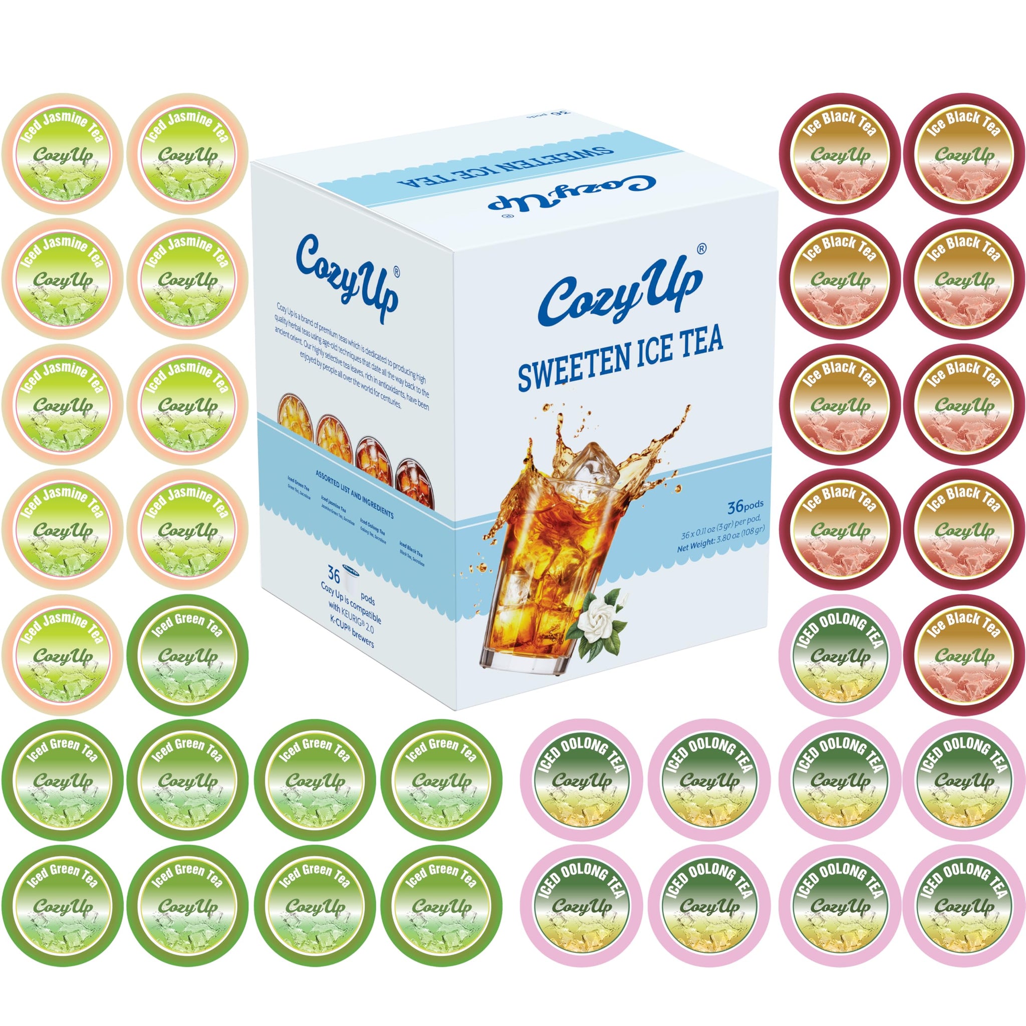 Cozy Up Iced Sweet Tea Variety Pack, 36 Count - Compatible with Keurig Brewers, Includes Sweetened Black, Green, Jasmine Green & Oolong Black Tea
