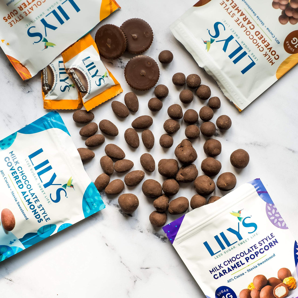 Low Carb Box featuring Lily's Sweets Chocolate Peanut Butter Cups, Almonds, Caramels and Bars - Stevia Sweetened, Low-Carb, Keto-Friendly, Gluten-Free