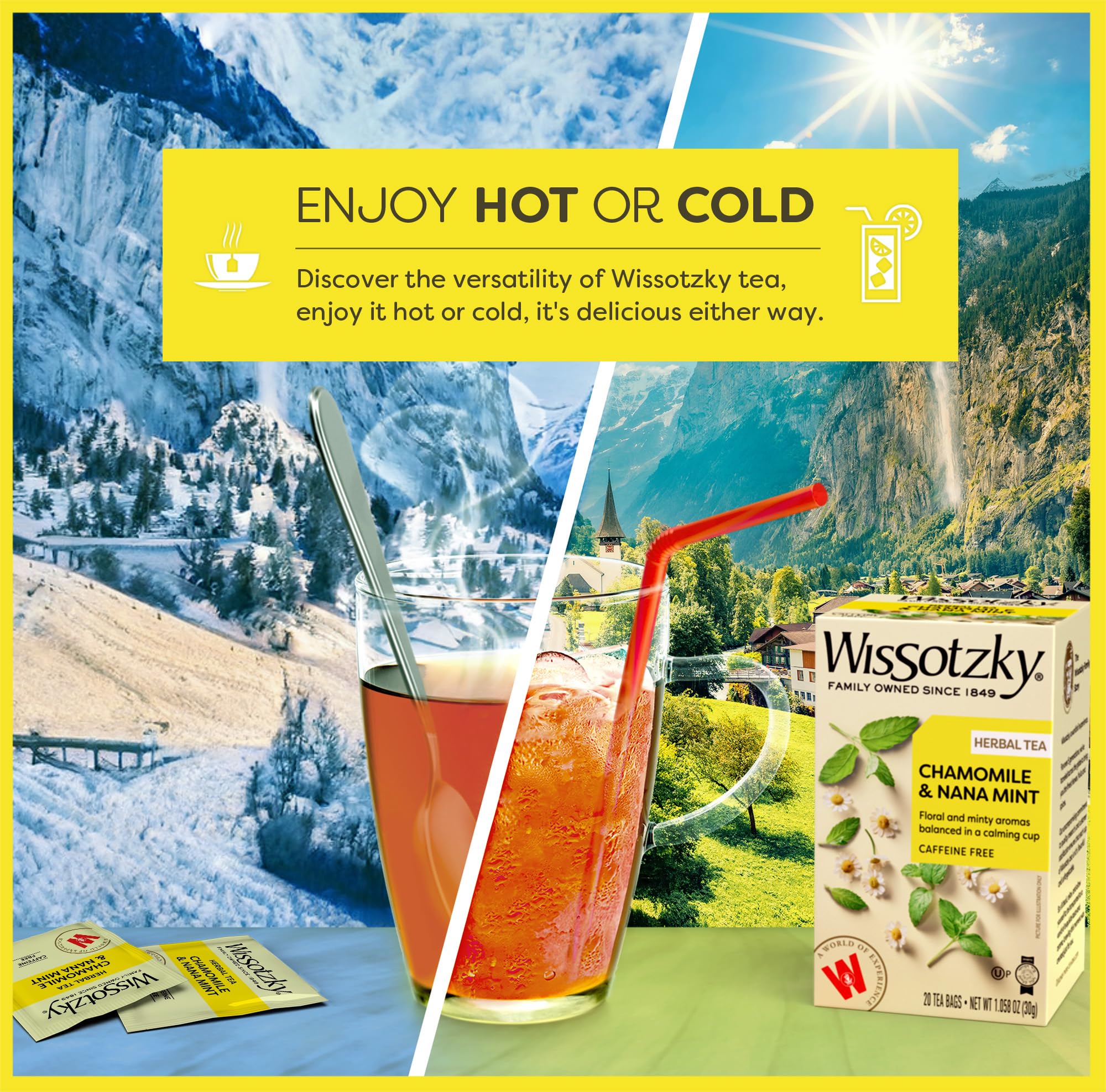 Wissotzky Chamomile Tea with Nana Mint, Herbal Tea (3 Pack - 60 Tea Bags) | Caffeine Free | Soothing Blend | Sleep Support