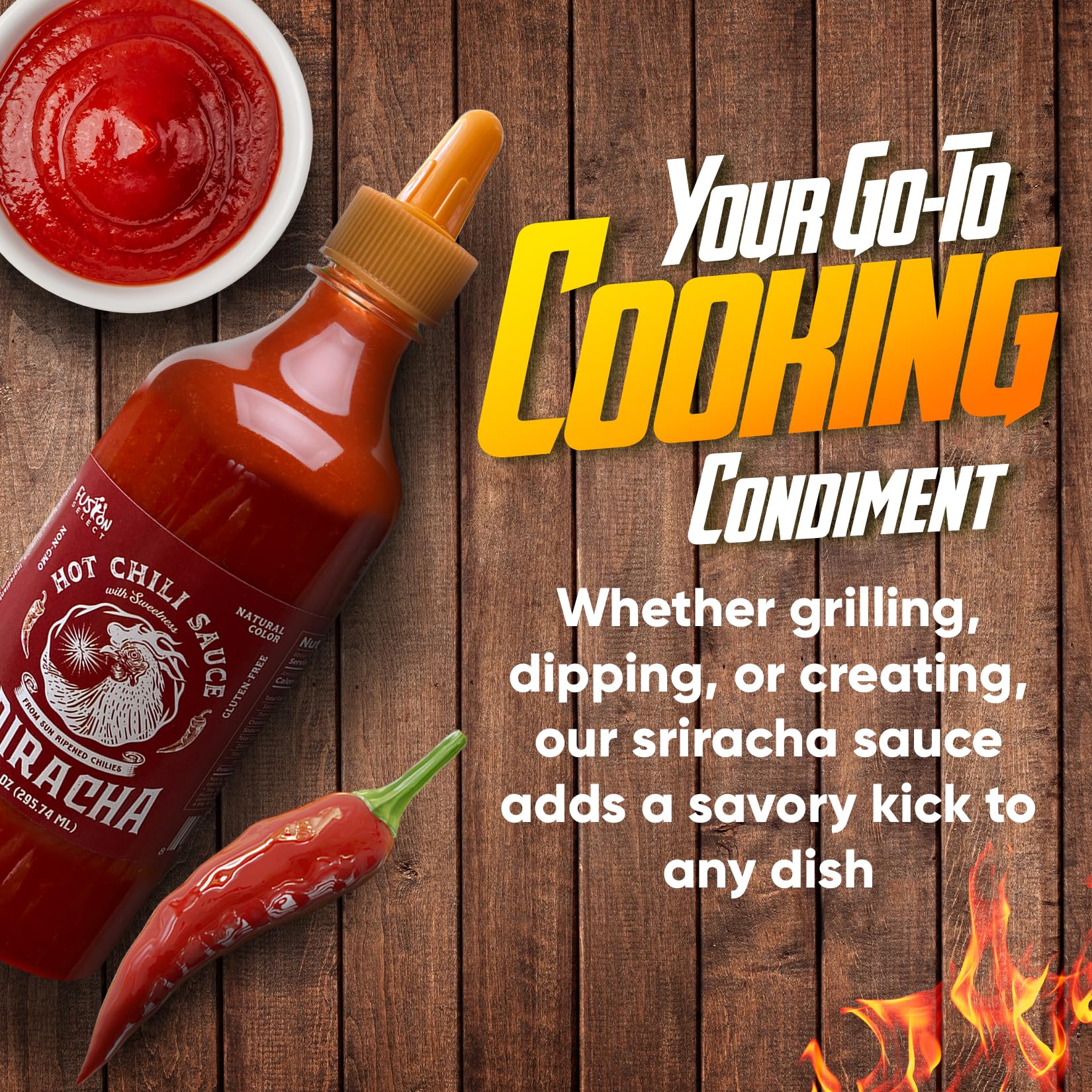 Fusion Select 10 Oz Sriracha Hot Sauce - Gourmet Spicy & Sweet Chili Sauce Seasoning for Cooking, Pizza, Stir Fry, Chicken, Meat, Taco - Made from Sun