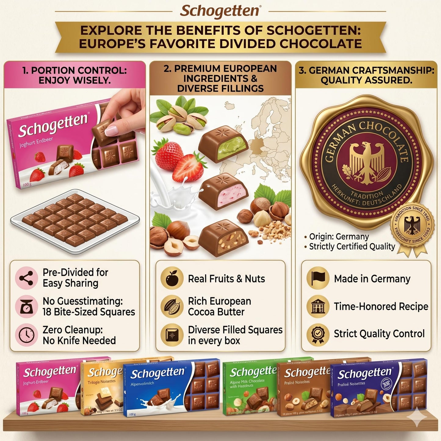 Schogetten Assortment of German Chocolates 6 Variety Pack, 100gram Each