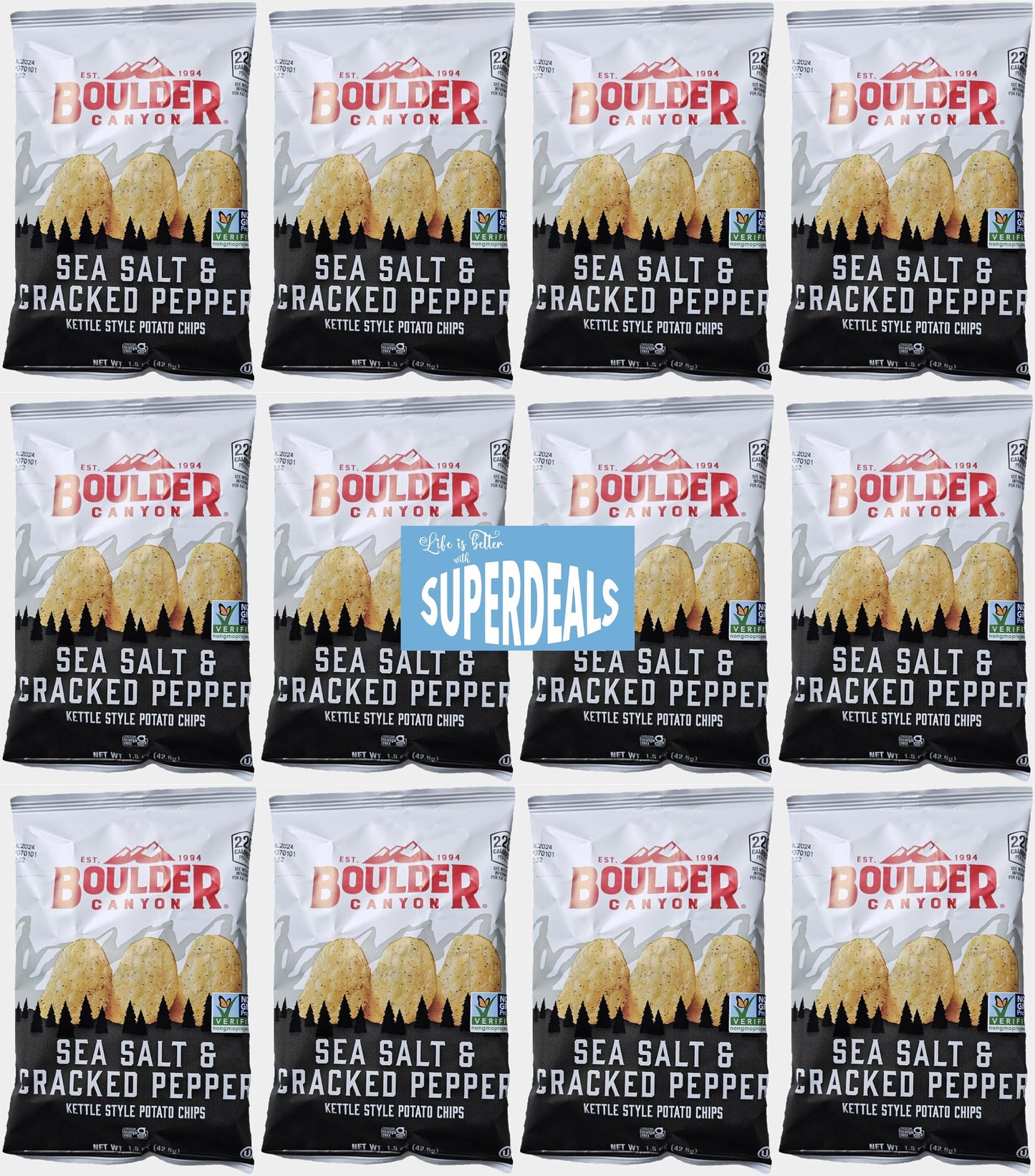Boulder Canyon | Sea Salt & Cracked Pepper | Kettle Style Potato Chips| 1.5 Ounce | Pack of 12 Bundled by SUPERDEALS with Mystery Bonus Gift