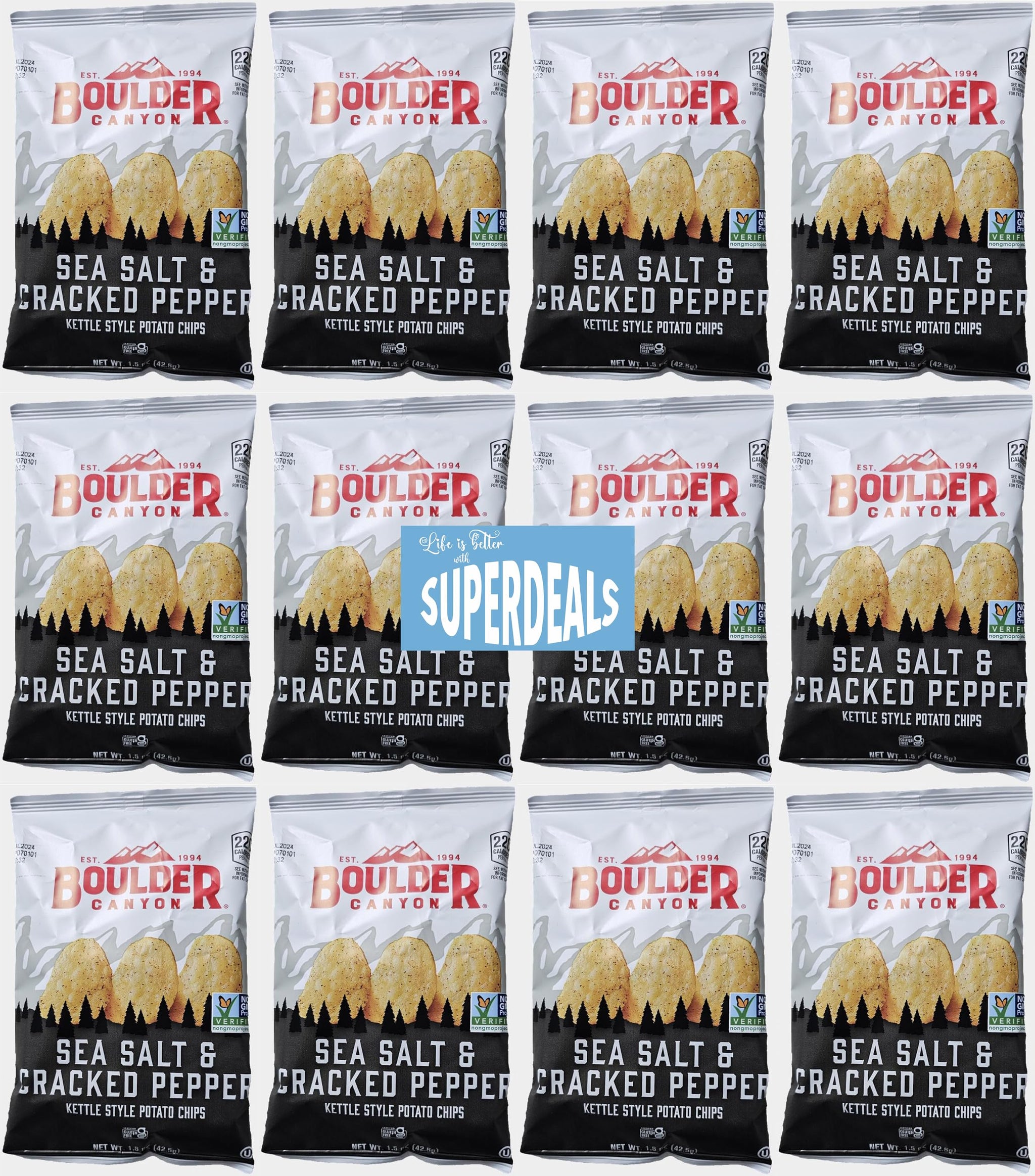 Boulder Canyon | Sea Salt & Cracked Pepper | Kettle Style Potato Chips| 1.5 Ounce | Pack of 12 Bundled by SUPERDEALS with Mystery Bonus Gift