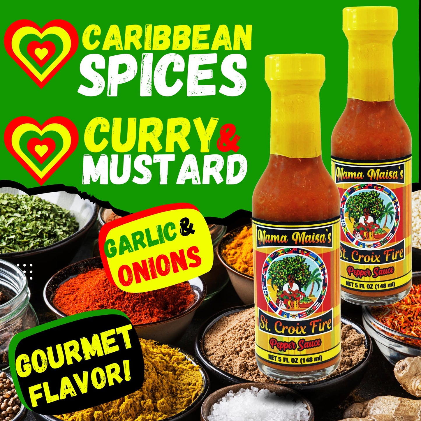 Mama Maisa’s St. Croix Fire Scotch Bonnet Pepper Sauce, 10 fl oz - Authentic Caribbean Hot Sauce with Curry, Mustard & Garlic - Gourmet Island Pepper