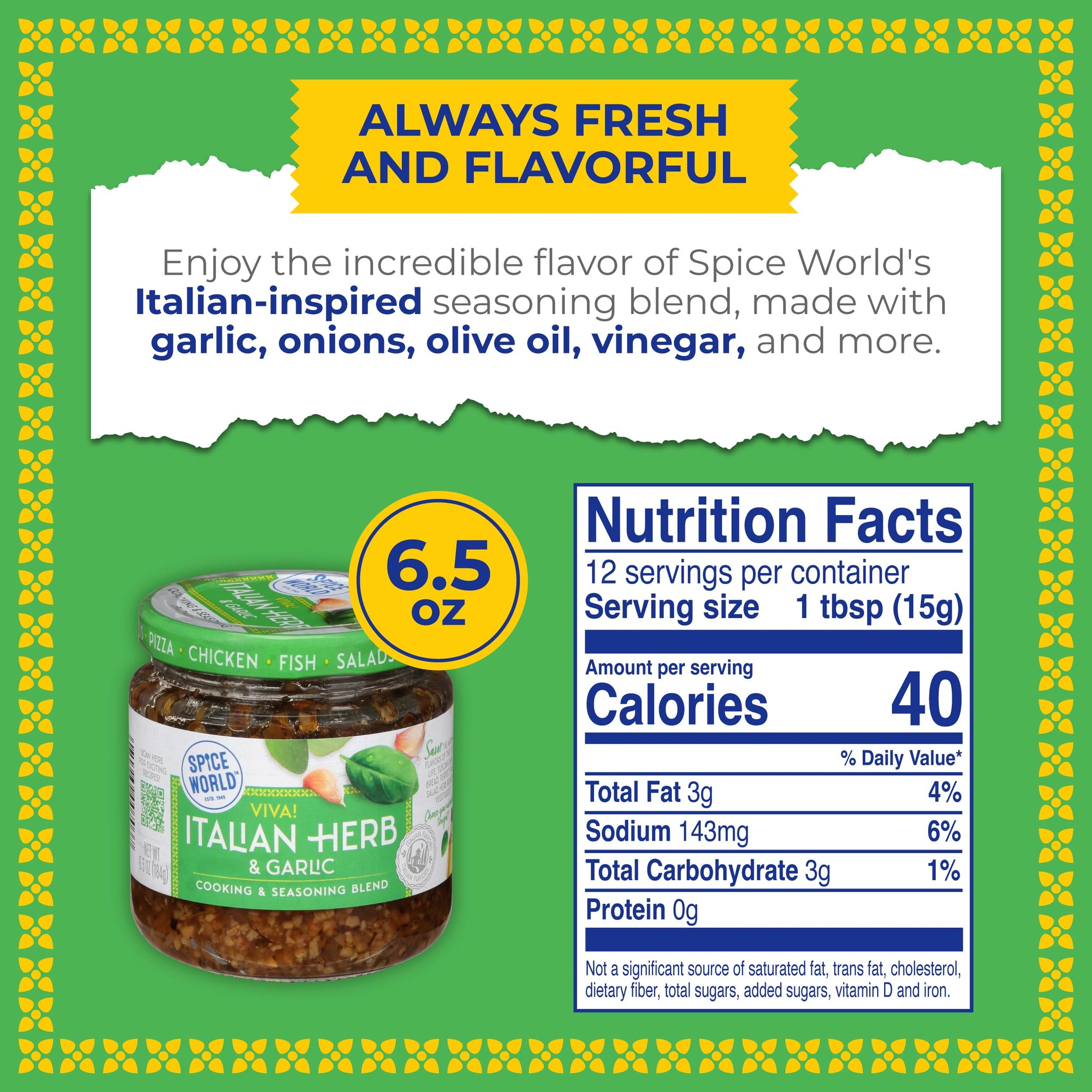 Spice World Garlic and Italian Herb Seasoning Blend - Ready-to-Use Seasonings for Cooking - 6.5oz Italian Seasoning Spice Adds Aromatic Flavor