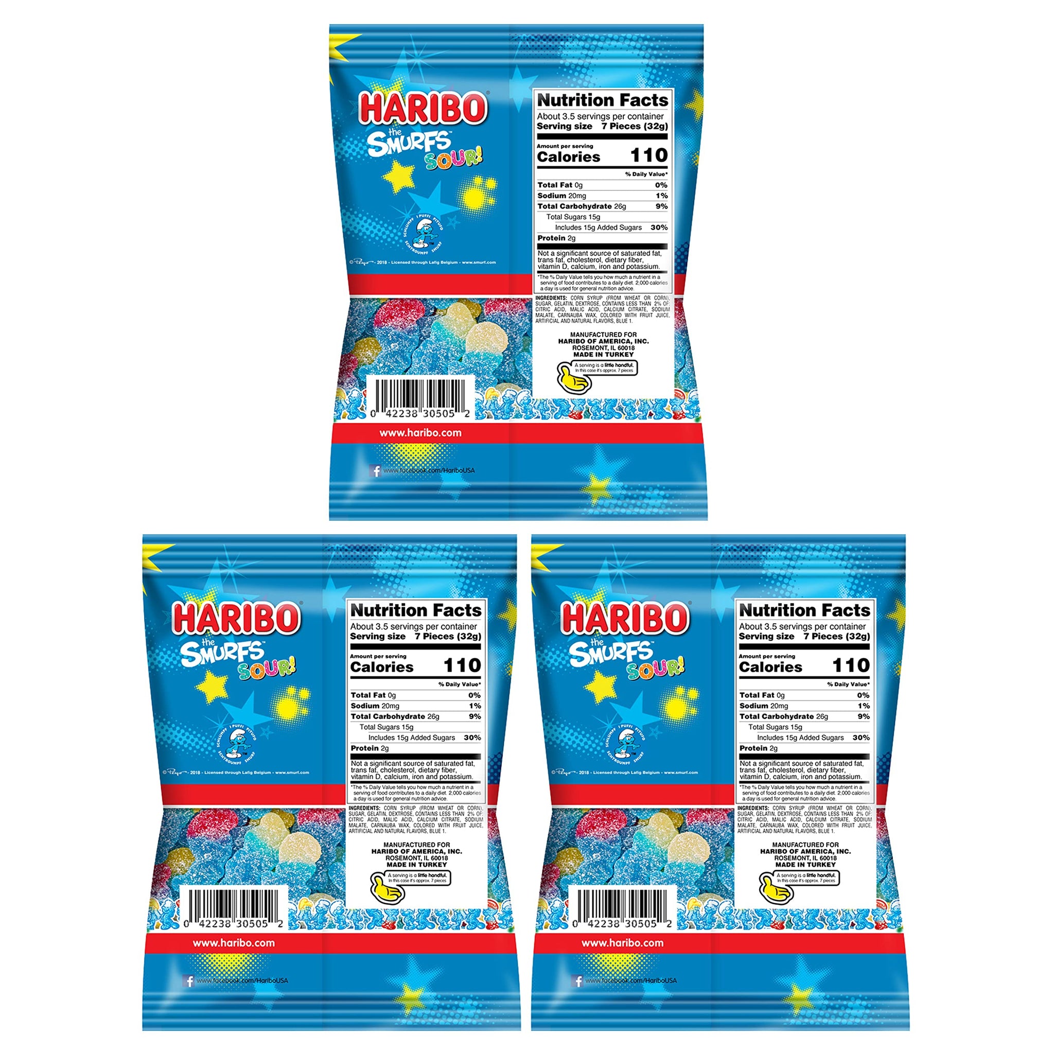 Haribo Sour Smurfs Pack of 3 (4oz Bags) Sweet and Sour Coated Gummy Candy in a King of Sweets Bulk Bag