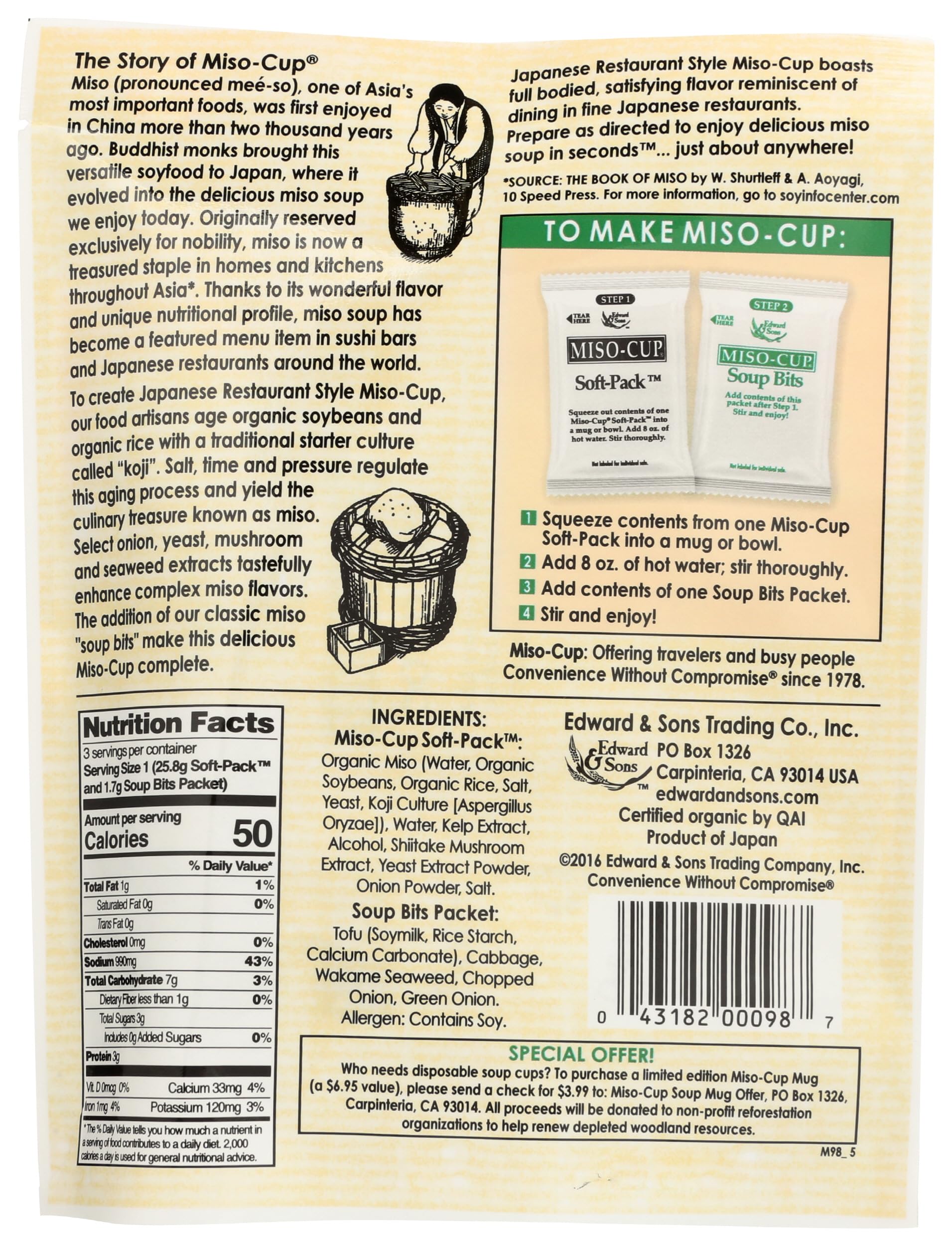 Edward & Sons Organic Japanese Restaurant Stle Miso Cup Instant Soup, 2.9 oz