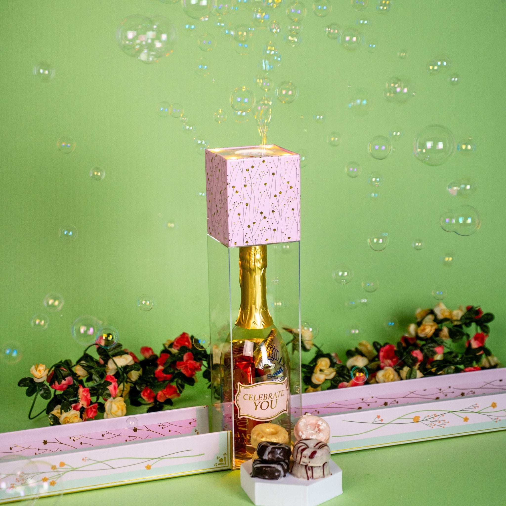 Floral Bubble Surprise Gift Box by Send A Cake- Ready to Gift, No Assembly Required with 8 Mini Cake Donuts - Gift for Women, Men, Sister, Mom, Dad