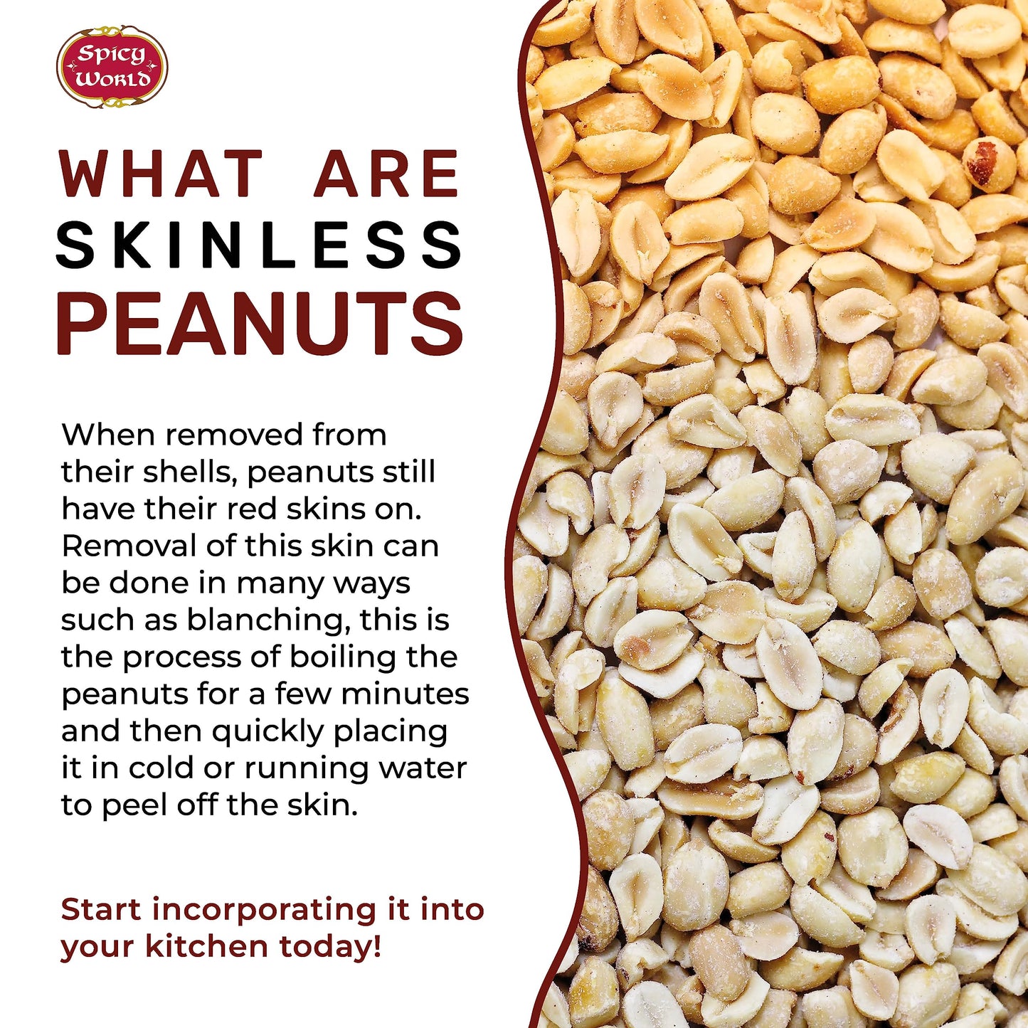 Spicy World Skinless Peanuts, Blanched Raw Peanuts (Uncooked, Unsalted) 4 Pound (64oz) ~ All Natural USA Grown