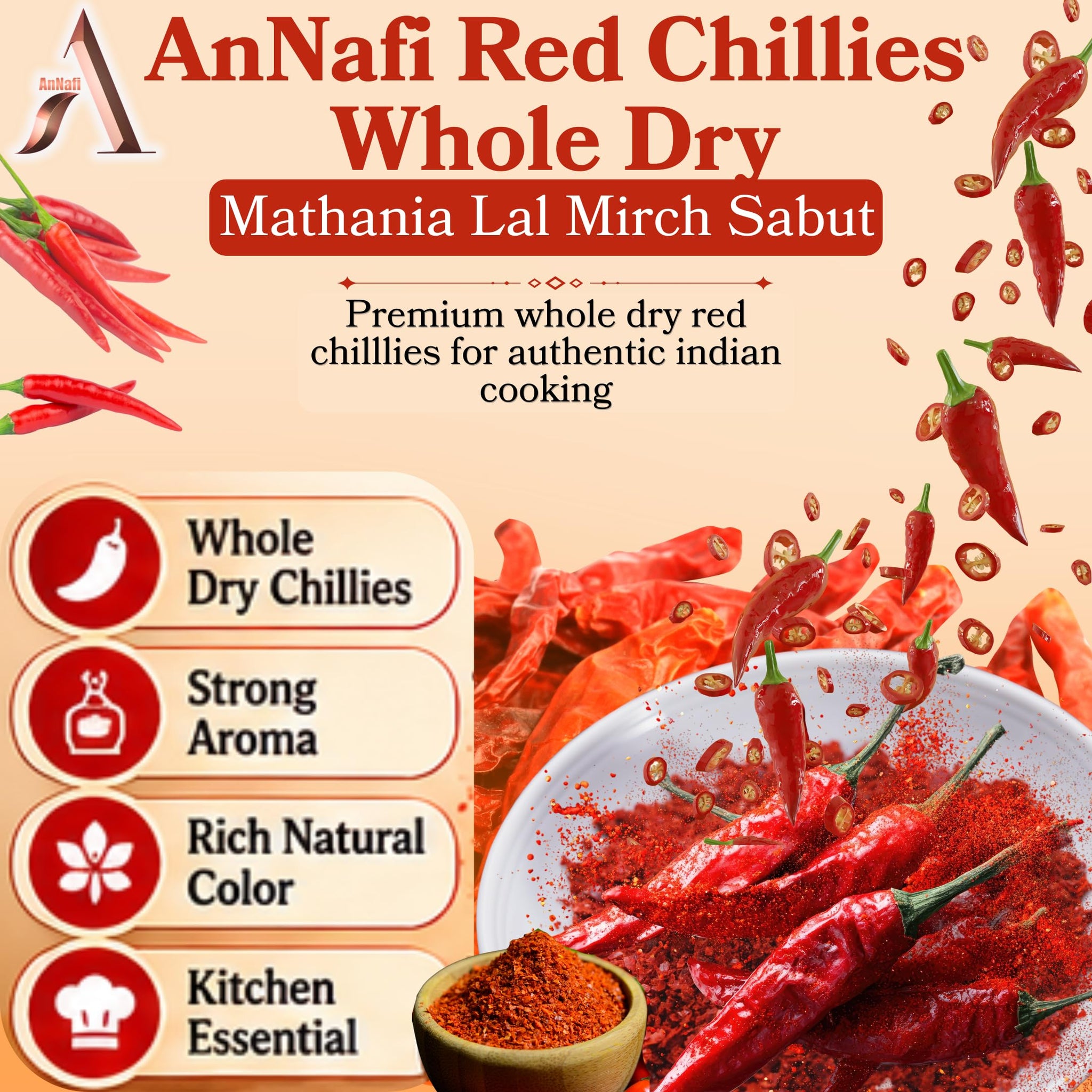 AnNafi® Red Chillies Whole Dry| Mathania Lal Mirch Sabut |Szechuan Red Dried Chilis, Whole Chilli | Thai whole dried chile | Mild Spicy Chinese Chili