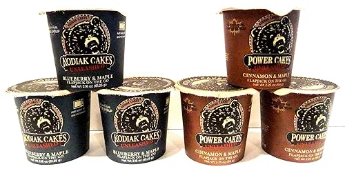 Kodiak Cakes Unleashed, Flapjack on the Go' COMBO PACK: 3 Cups of BLUEBERRY & MAPLE, 3 Cups of CINNAMON & MAPLE + BONUS 3 oz Maple Syrup, 6 Individual 2.25 oz Cups