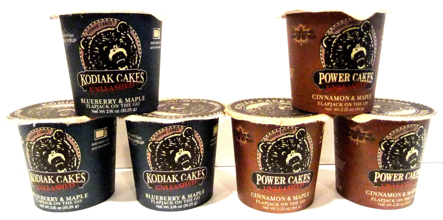 Kodiak Cakes Unleashed, Flapjack on the Go' COMBO PACK: 3 Cups of BLUEBERRY & MAPLE, 3 Cups of CINNAMON & MAPLE + BONUS 3 oz Maple Syrup, 6 Individual 2.25 oz Cups