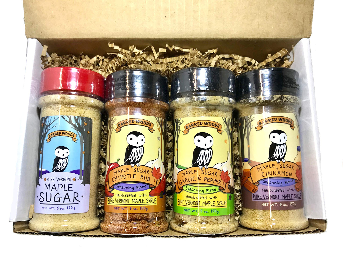 Maple Seasonings - Box of 4 Jars of Pure Maple Sugar and Spices For Cooking, Grilling and Baking - Perfect Vermont Gift - From Barred Woods Maple