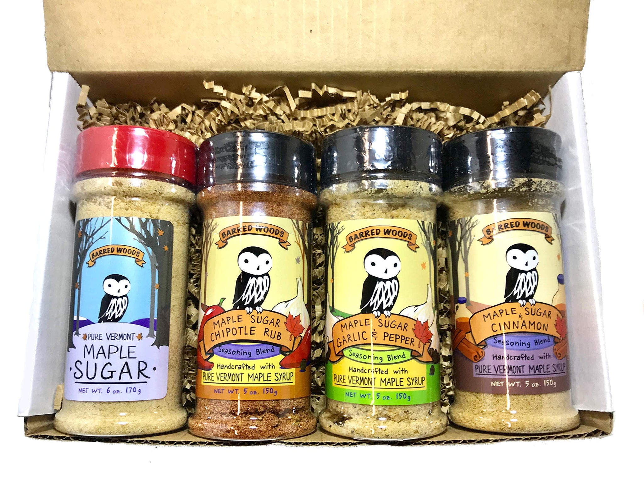 Maple Seasonings - Box of 4 Jars of Pure Maple Sugar and Spices For Cooking, Grilling and Baking - Perfect Vermont Gift - From Barred Woods Maple