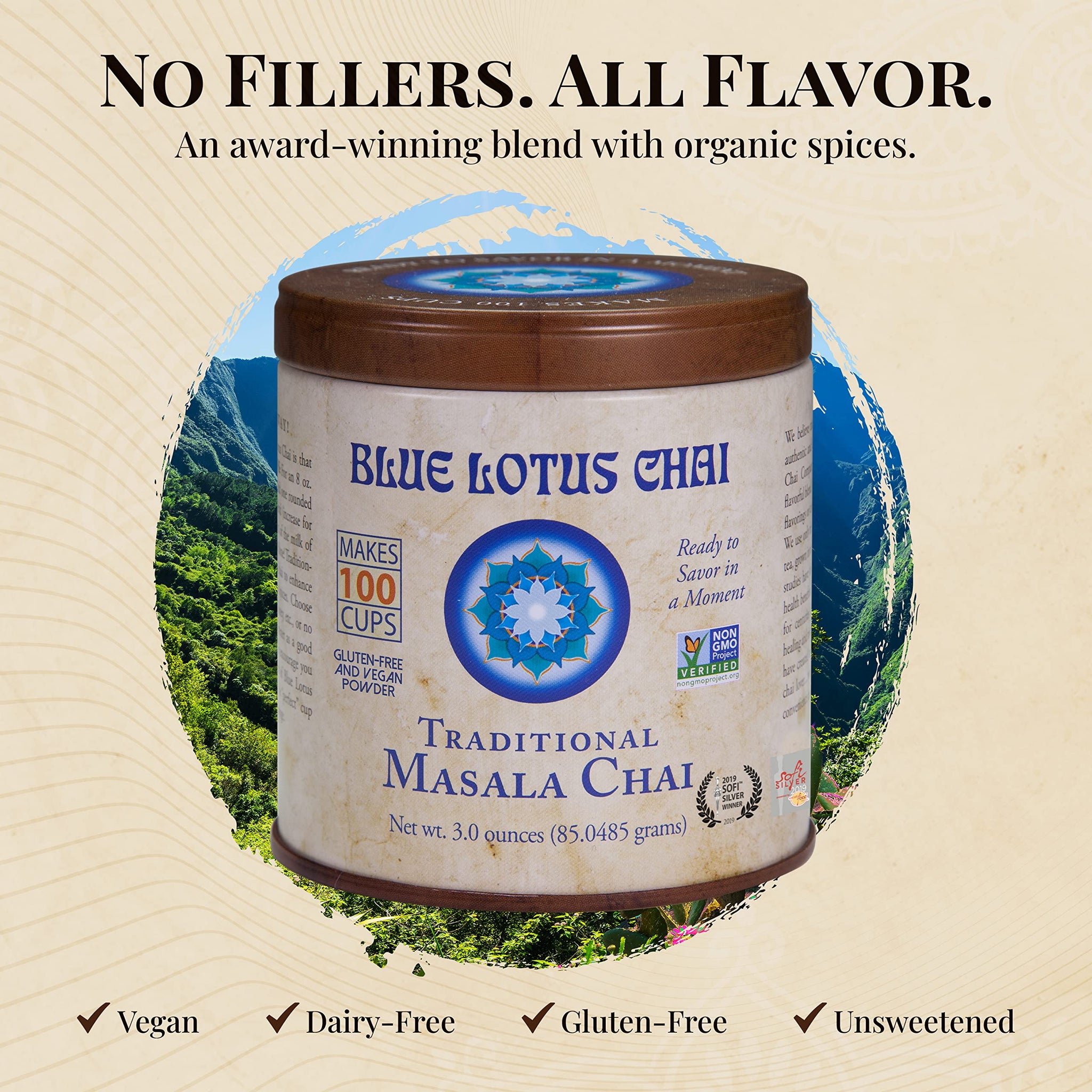 Blue Lotus Chai - Traditional Masala Chai - Makes 100 Cups - 3 Ounce Masala Spiced Chai Powder with Organic Spices - Instant Indian Tea No Steeping