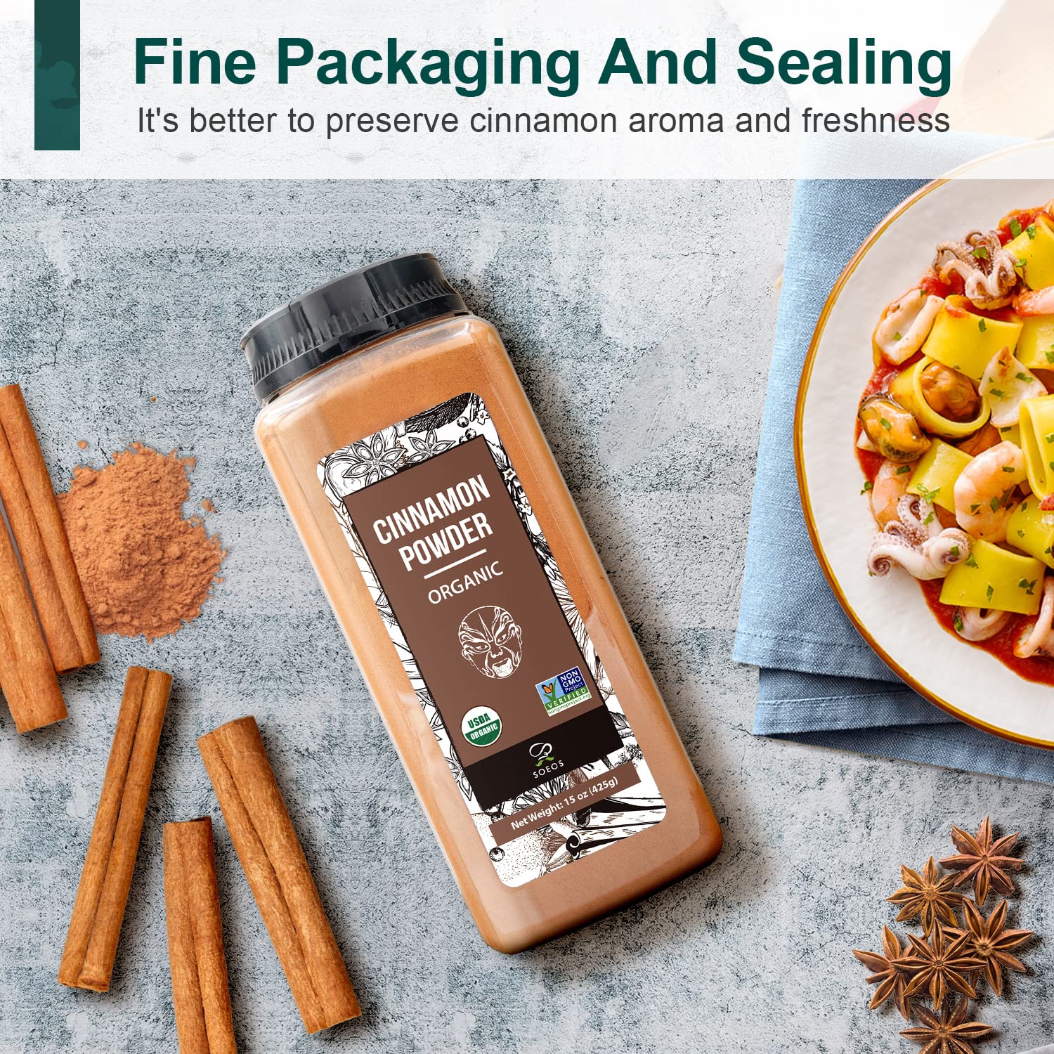 Soeos Cinnamon Powder Organic, 15 Ounce (425g) Bottle, Ground Cinnamon Powder, USDA, Non-GMO and Kosher Certified, Seasoning Spice for Tea, Coffee