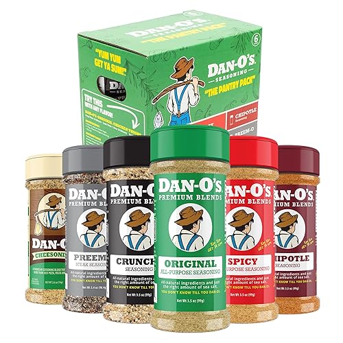 Dan-O's 6 Bottle Seasoning Set, Small Bottles, 6 Pack, Includes Original, Spicy, Chipotle, Crunchy, Cheesoning and Preem-O Seasonings, Sugar Free