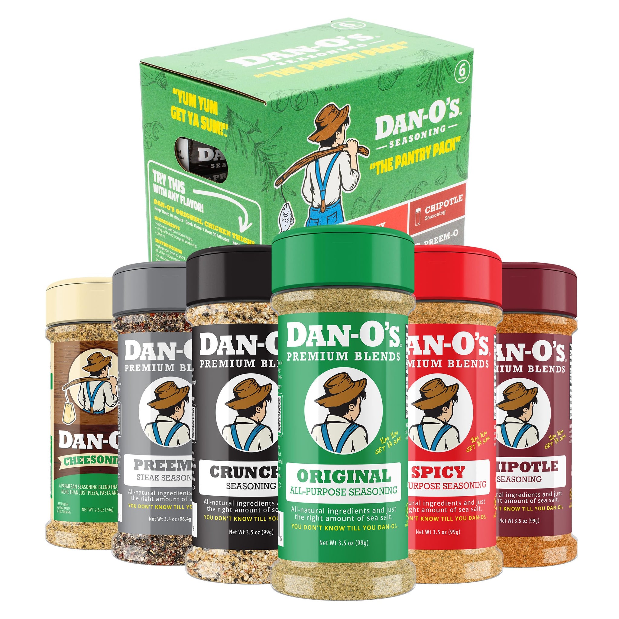 Dan-O's 6 Bottle Seasoning Set, Small Bottles, 6 Pack, Includes Original, Spicy, Chipotle, Crunchy, Cheesoning and Preem-O Seasonings, Sugar Free