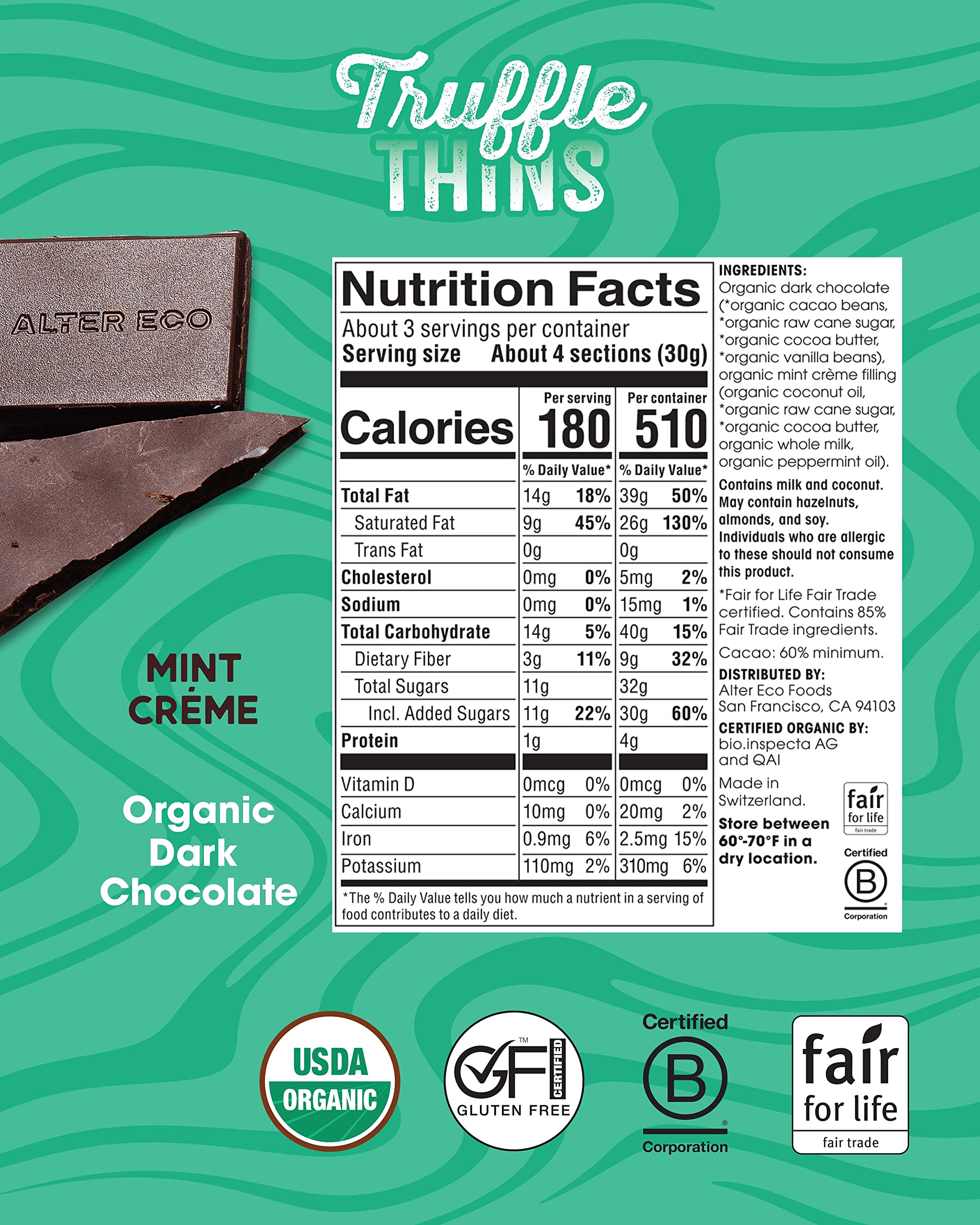 Alter Eco Mint Creme Truffle Thins, Chocolate Bar with Gooey Ganache Truffle Filling, Gluten-Free, Non-GMO Snacks, No Additives or Artificial