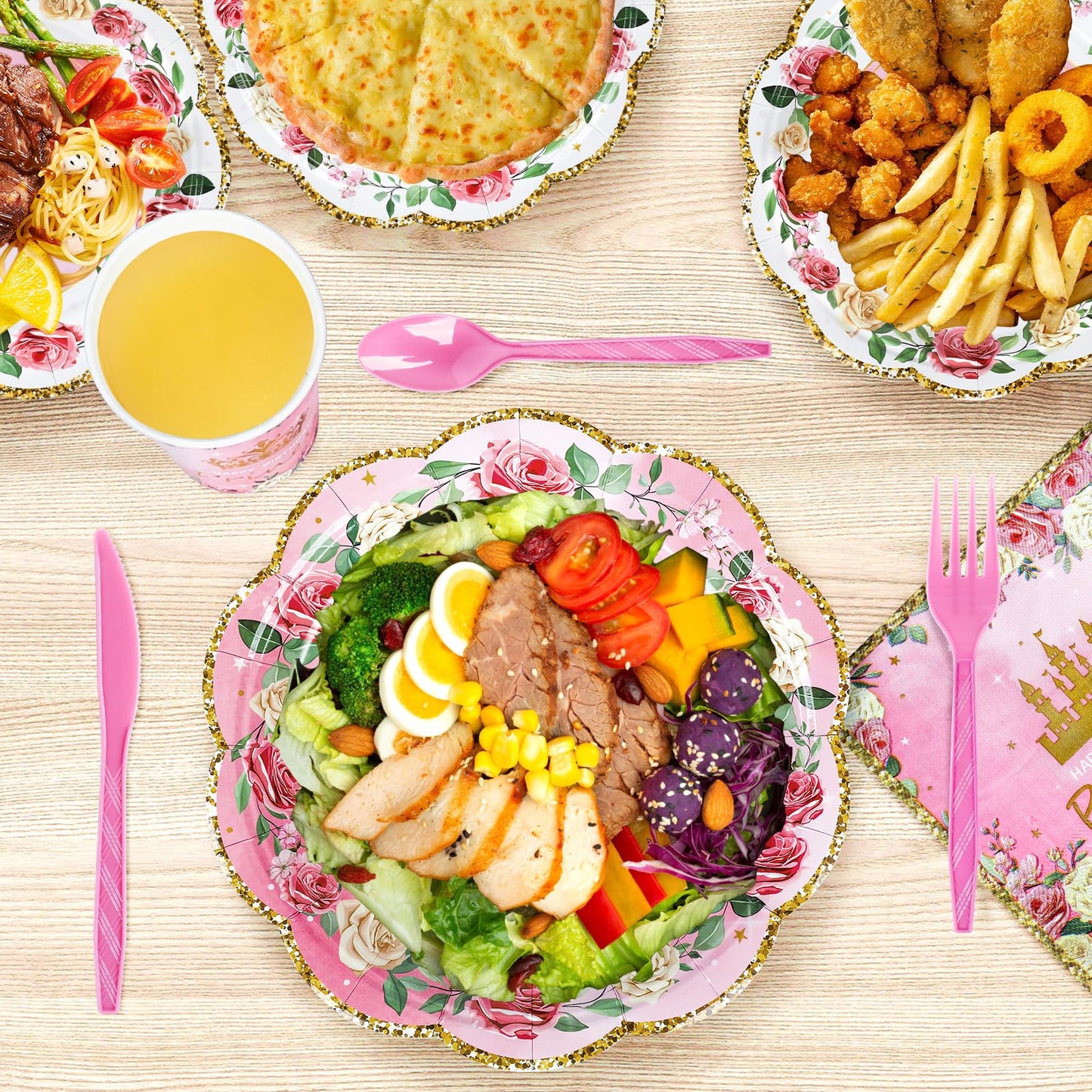 168 Pieces Pink Princess Disposable Party Dinnerware - Princess Paper Plates Napkins Cups Plastic Forks Knives Spoons For Girls Kids Birthday Party