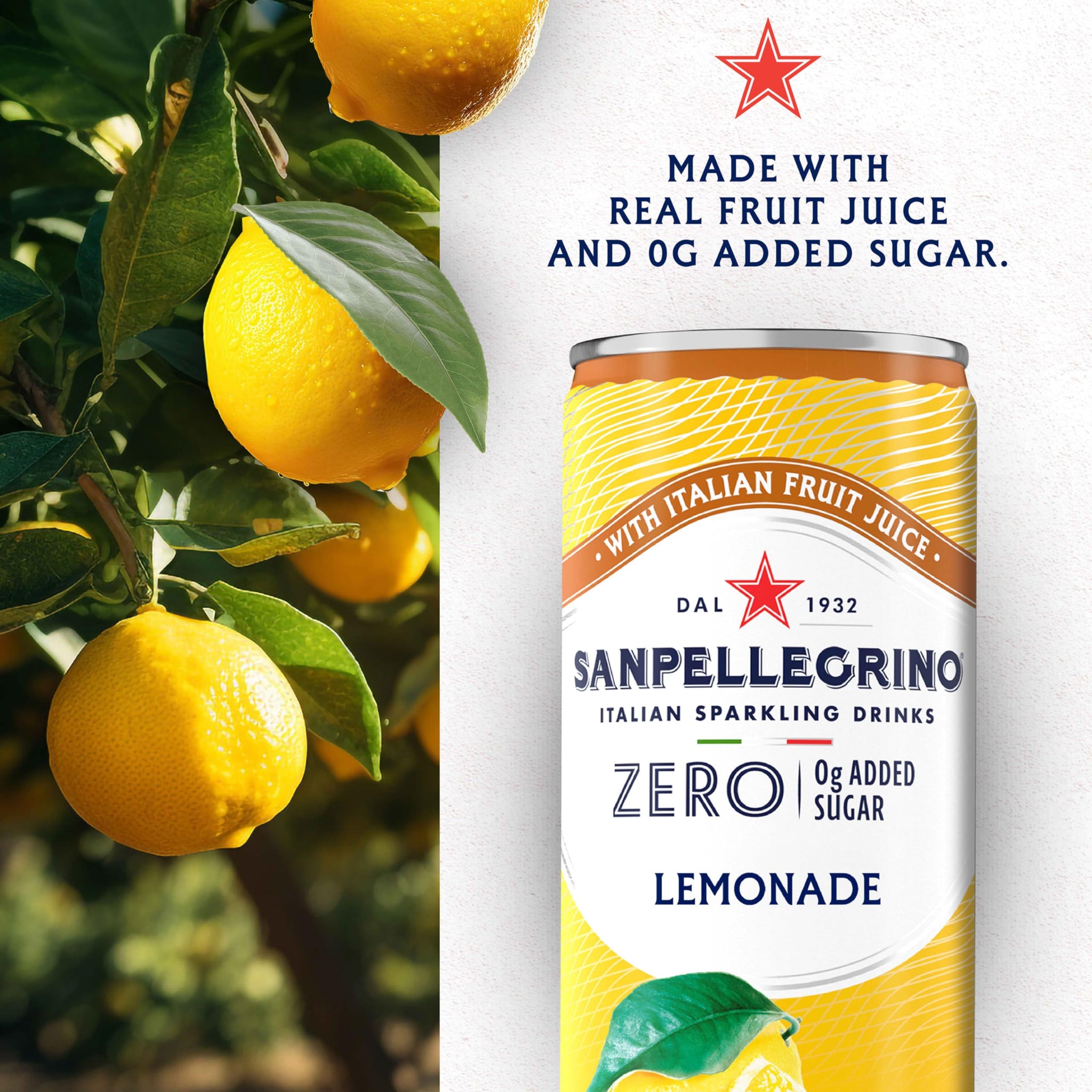 Sanpellegrino Zero Grams Added Sugar Italian Sparkling Drinks Lemonade, Sparkling Lemon Beverage, 24 Pack of 11.15 Fl Oz Cans
