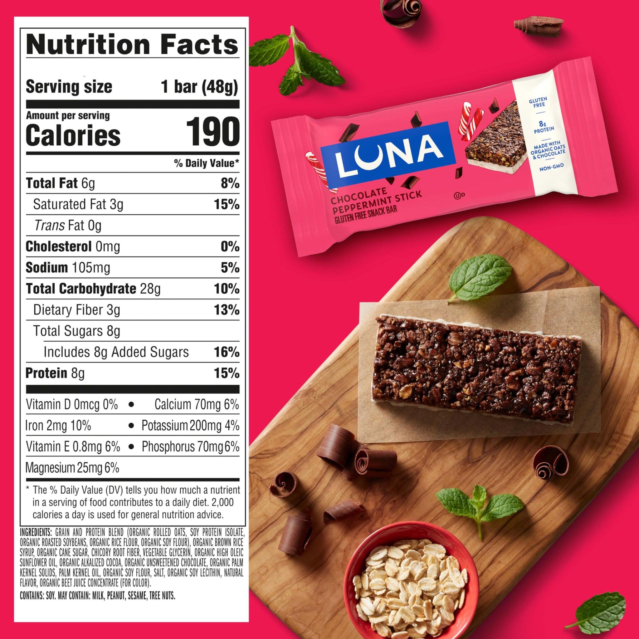 LUNA Bar - Chocolate Peppermint Stick Flavor - Gluten Free Snack Bars - Non-GMO - Protein Bars - Made with Organic Oats - Value Pack (12 Pack)