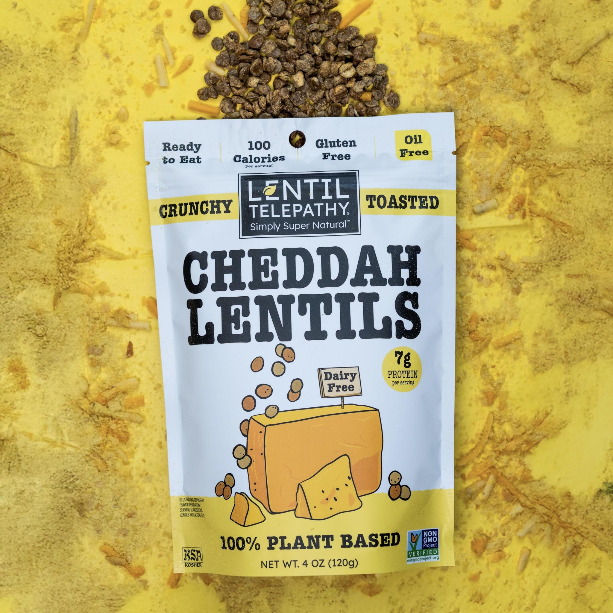 Lentil Telepathy Cheddah Crunchy Whole Lentil Snack, Vegan Cheddar Flavor, OIL FREE, Never Fried, Plant Based, Gluten Free, 4 oz