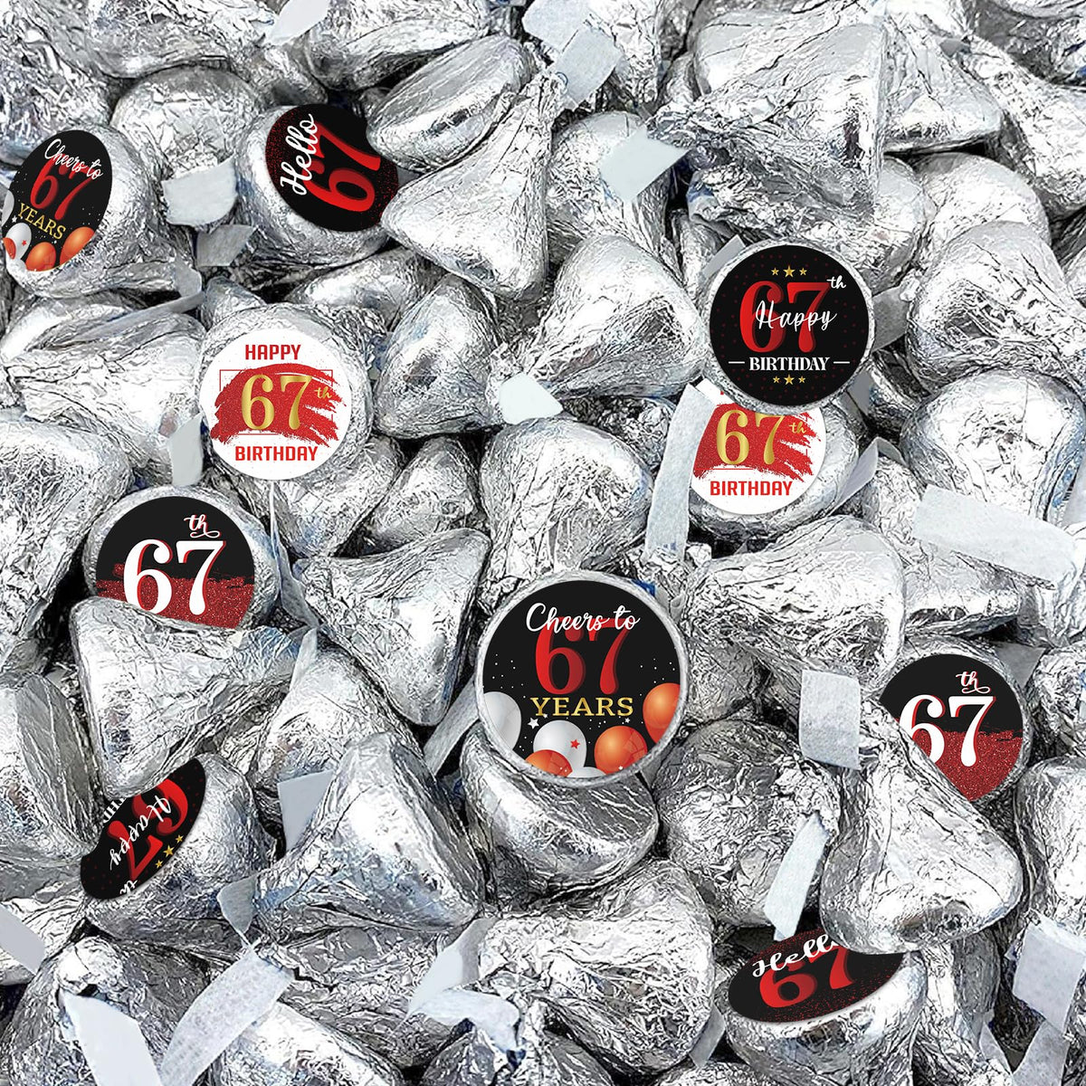Happy 67th Birthday Party Favor Labels Chocolate Candy Stickers - 67 Years Old Birthday Round Candy Sticker Party Favors - Black and Red - 150