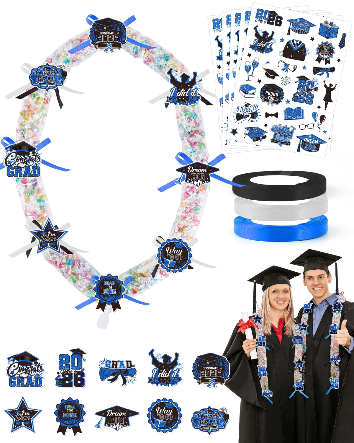 CRASHOT Graduation Candy Lei Making Kit, DIY 2026 Graduation Lei Gift Set with 12 Clear Bags, 3 Rolls Satin Ribbon (Royal Blue/Black/White), 6