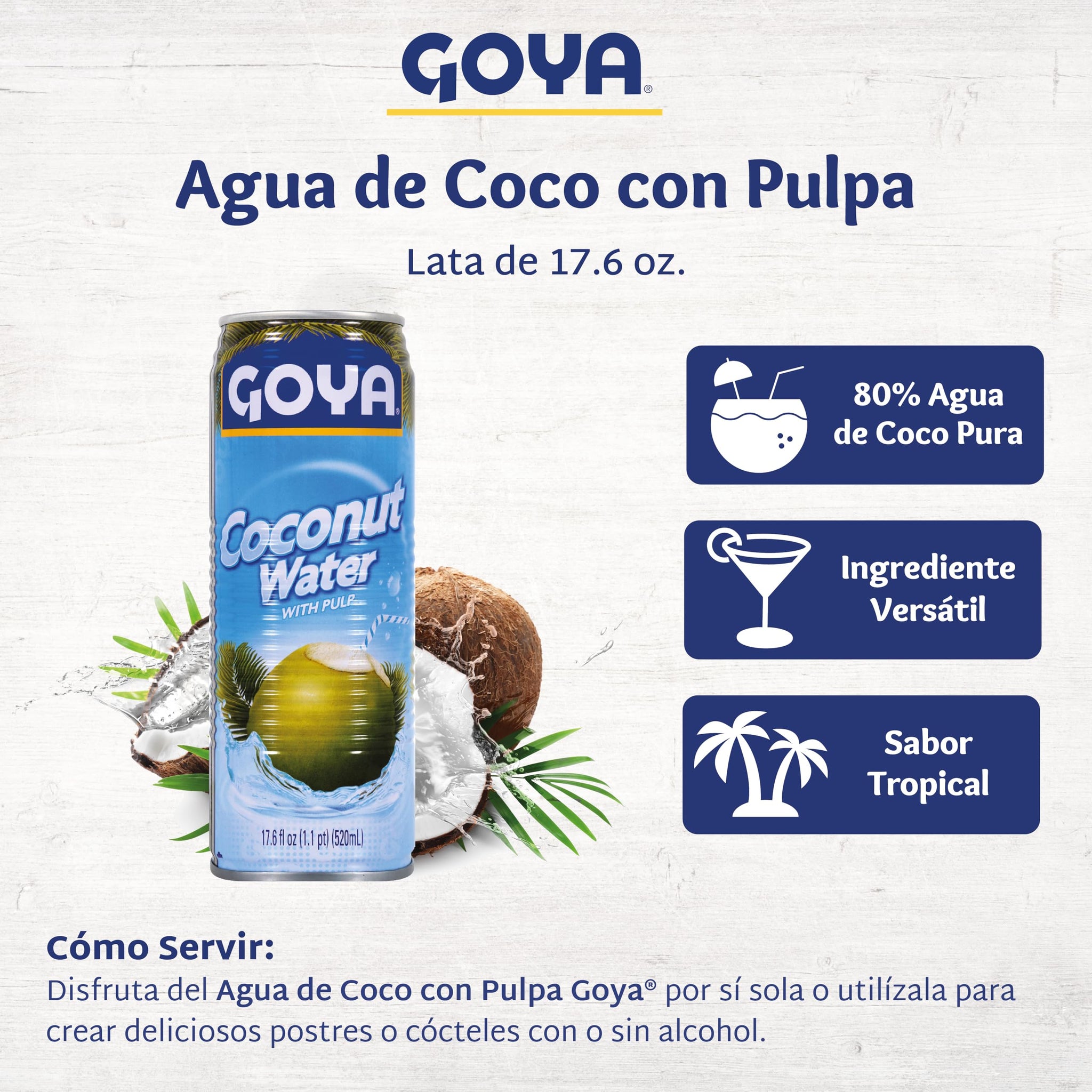 Goya Pure Coconut Water with Pulp, Tropical Hydration with Real Fruit, Great for Smoothies, Snacks, and Post-Workout Drinks, 2-Pack (17.6 oz Cans)