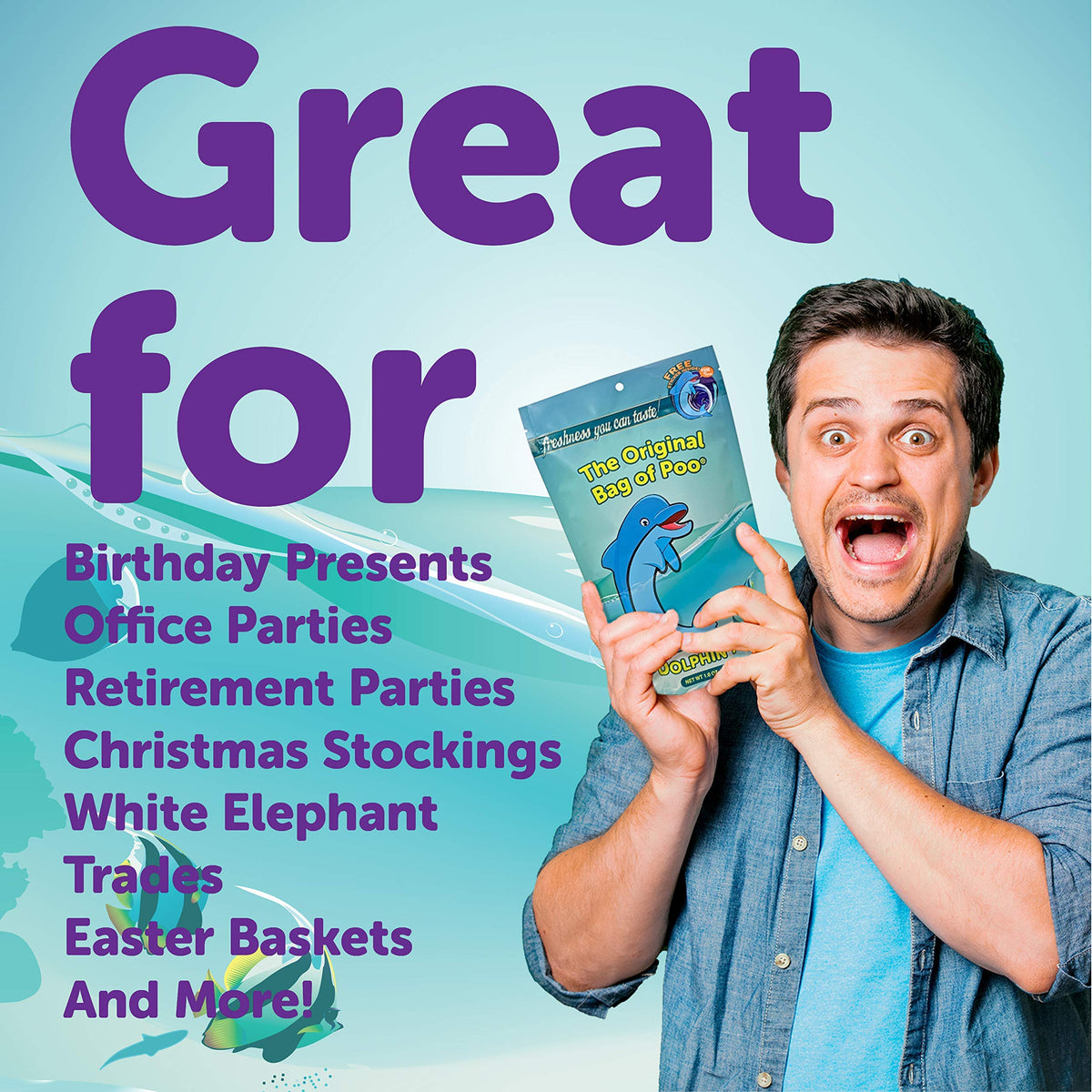 The Original Bag of Poo®, Dolphin Poo (Blueberry Flavor Cotton Candy) Novelty Poop Gag Gift. Free sticker inside.