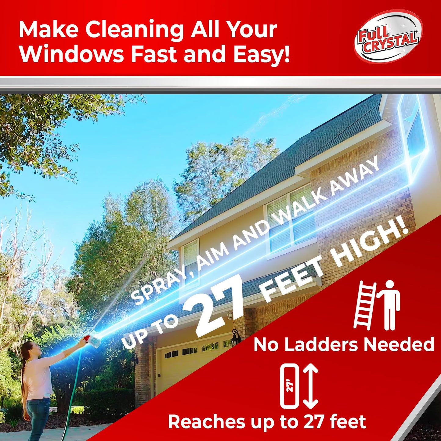 Full Crystal Window Cleaning Kit - 16 oz Glass Cleaner and Bottle with 27 ft Reach, Each 4 oz Bag Makes Up to 640 fl oz, Cleans Up to 80 Windows