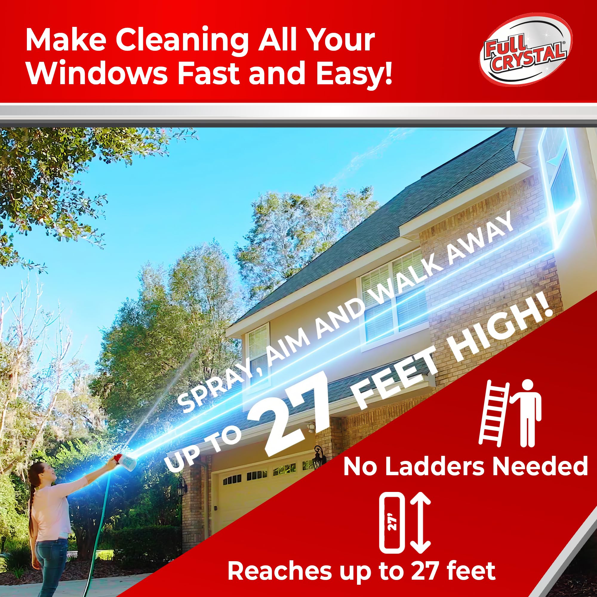 Full Crystal Window Cleaning Kit - 16 oz Glass Cleaner and Bottle with 27 ft Reach, Each 4 oz Bag Makes Up to 640 fl oz, Cleans Up to 80 Windows
