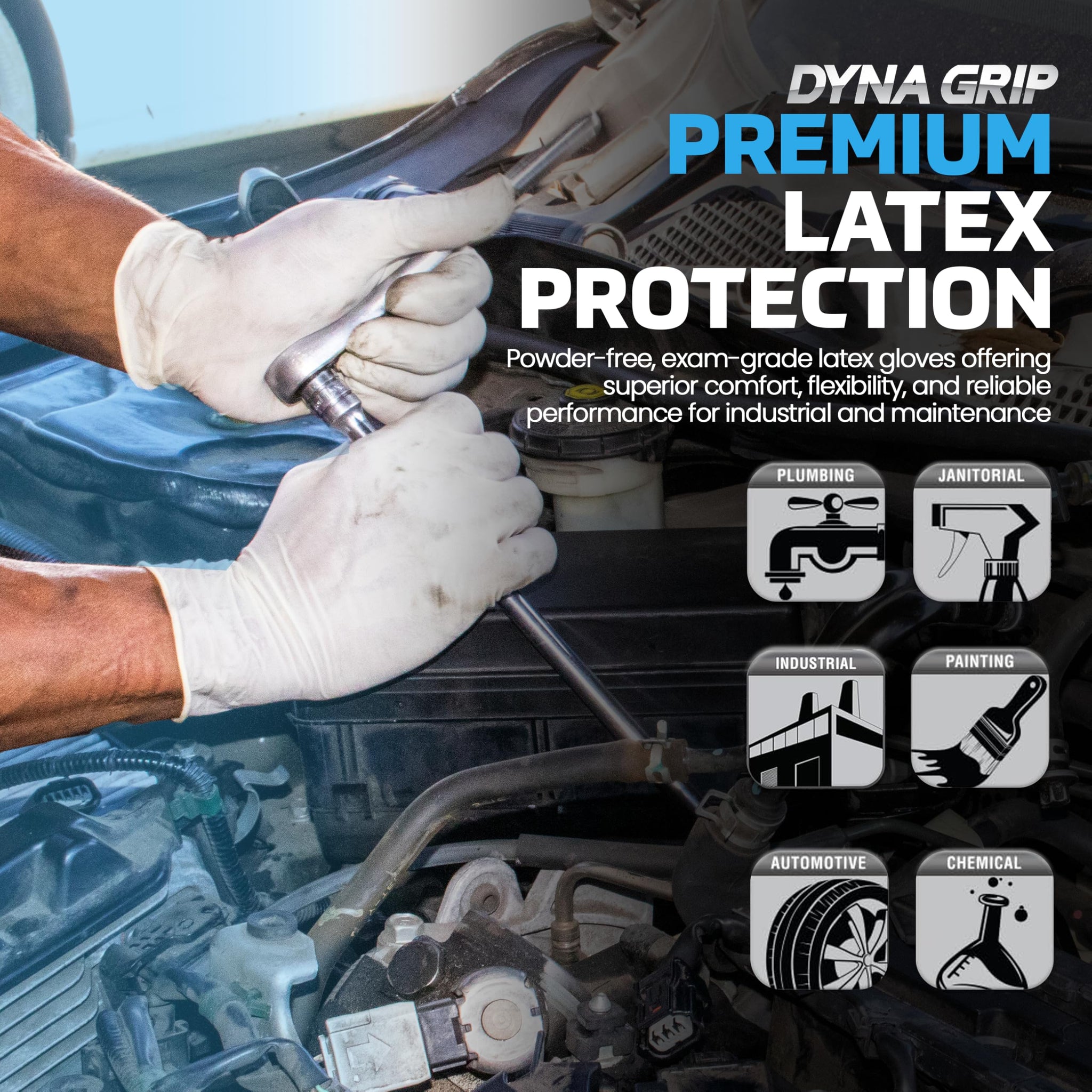 SAS Safety 650-1003 Dyna Grip Powder-Free Premium Latex Disposable Gloves, 7 Mil, Large, 100 Count , White