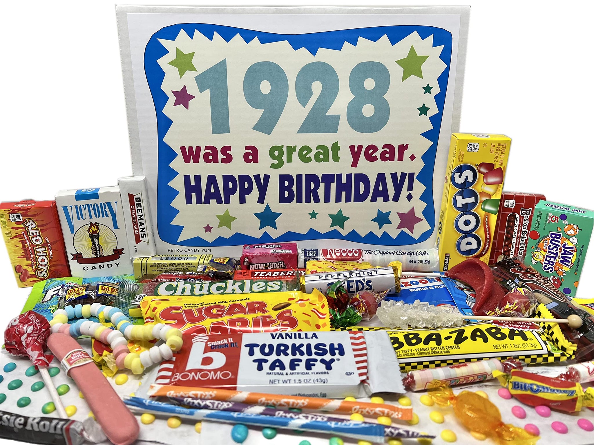 RETRO CANDY YUM ~ 1928 98th Birthday Gift Box Nostalgic Candy Assortment from Childhood for 98 Year Old Man or Woman Born 1928