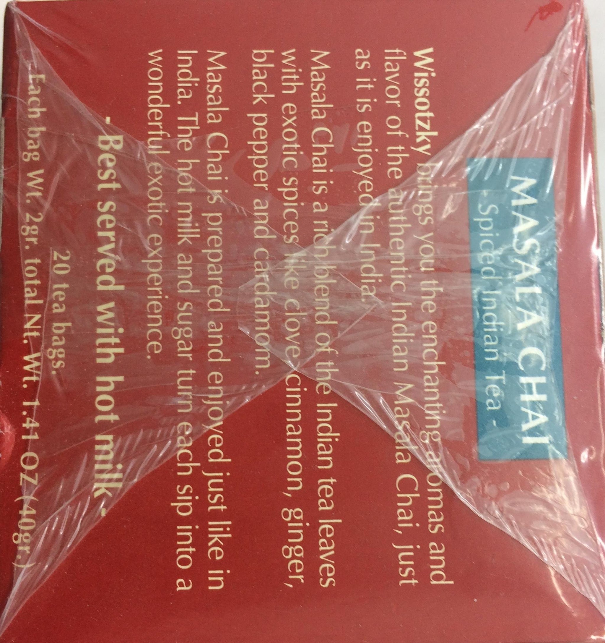 Wissotzky Tea Malasa Chai 20 Tea Bags 1.41 Oz. Pack Of 3.