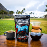 Blue Horse 100% Kona Coffee, Dark Roast Ground Arabica, 16 oz (1 lb) Bag. Farm Fresh Hawaiian Coffee, Smooth & Bold Flavor, Hand-Picked & Sun-Dried