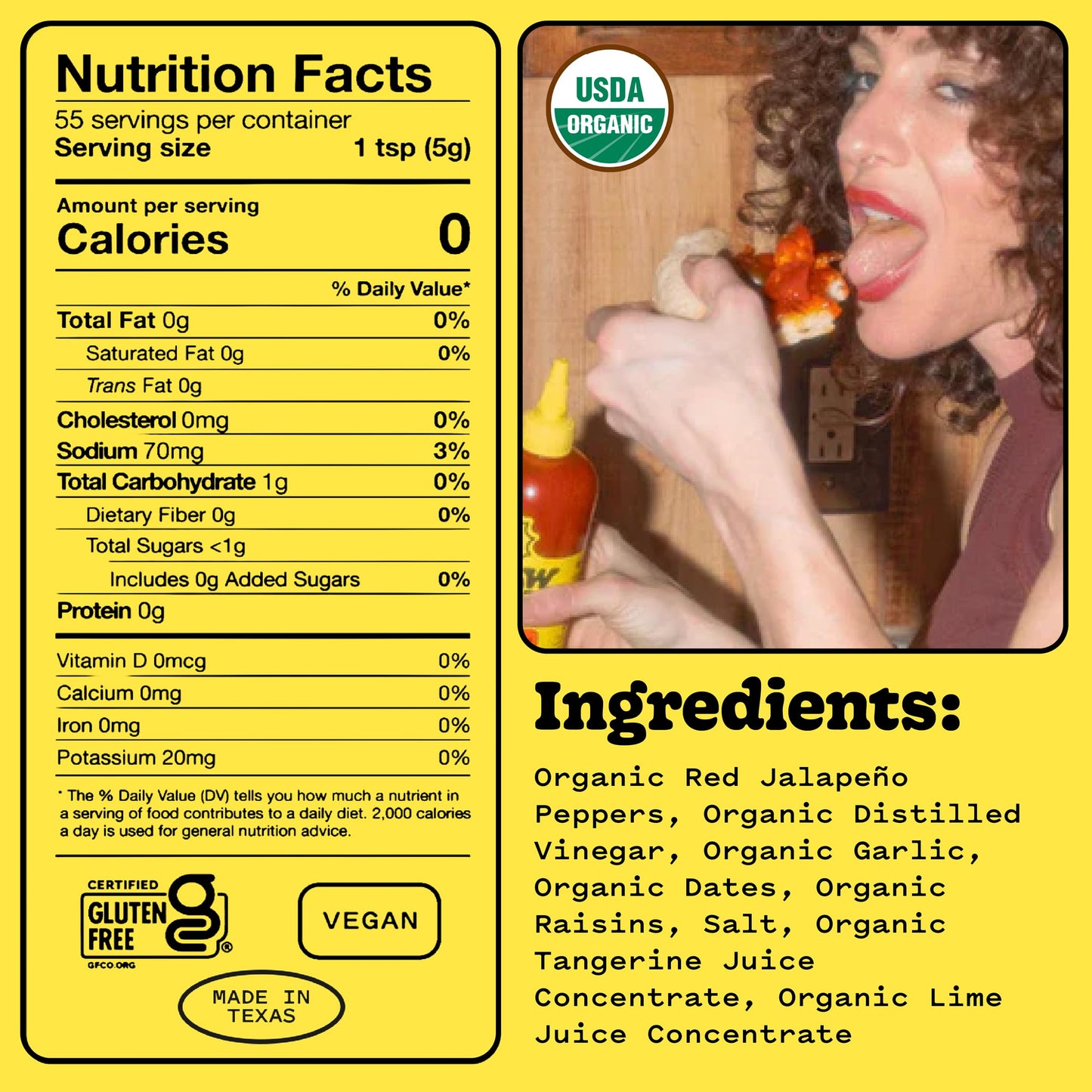 Yellowbird Organic Sriracha Hot Sauce (9.8 oz) Mellow Hot - Sweet, Spicy & Garlicky - Made With Organic Garlic, Red Jalapeno Peppers, Dates & Lime