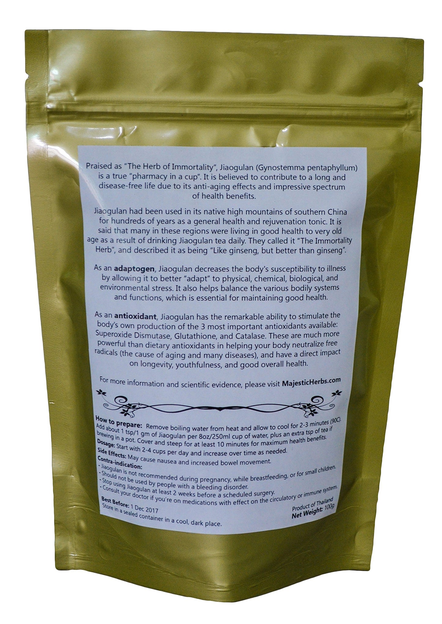Jiaogulan Tea (Gynostemma Pentaphyllum) by Majestic Herbs | Organically Grown Loose Leaf Tea | Caffeine-Free | Fair-Trade |100g