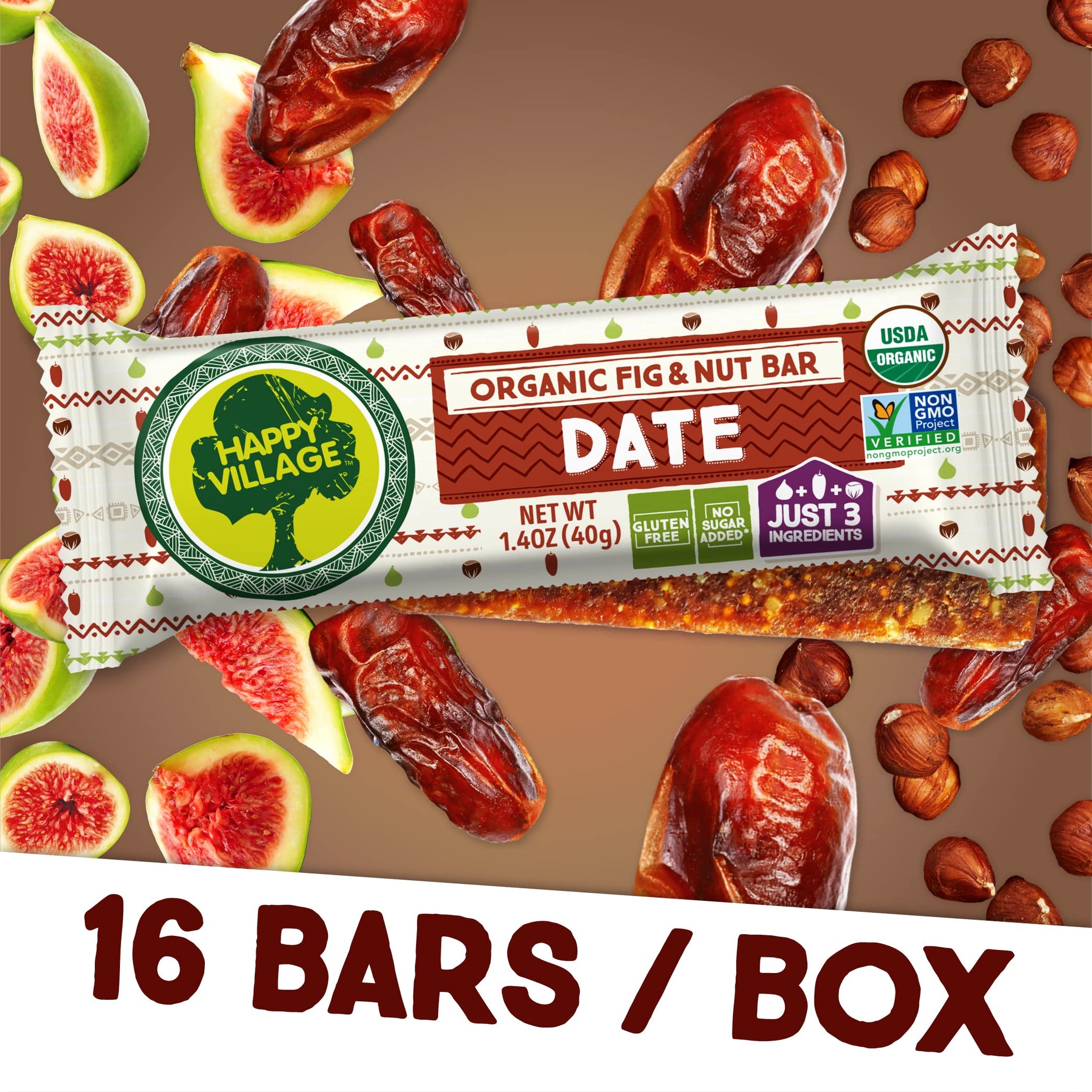 Happy Village Organic Fig & Nut Bars, DATE | Only 3 Ingredients, Gluten Free, No Added Sugar, Kosher, Non-GMO, Vegan, Good Source of Fiber | Organic