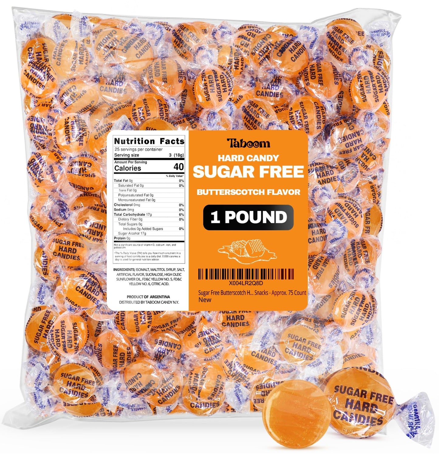 Sugar Free Butterscotch Hard Candy Bulk Bag Holiday Candies - 1 Pound Approx. 75 Individually Wrapped Butter Scotch Flavored Sugar Free Candy