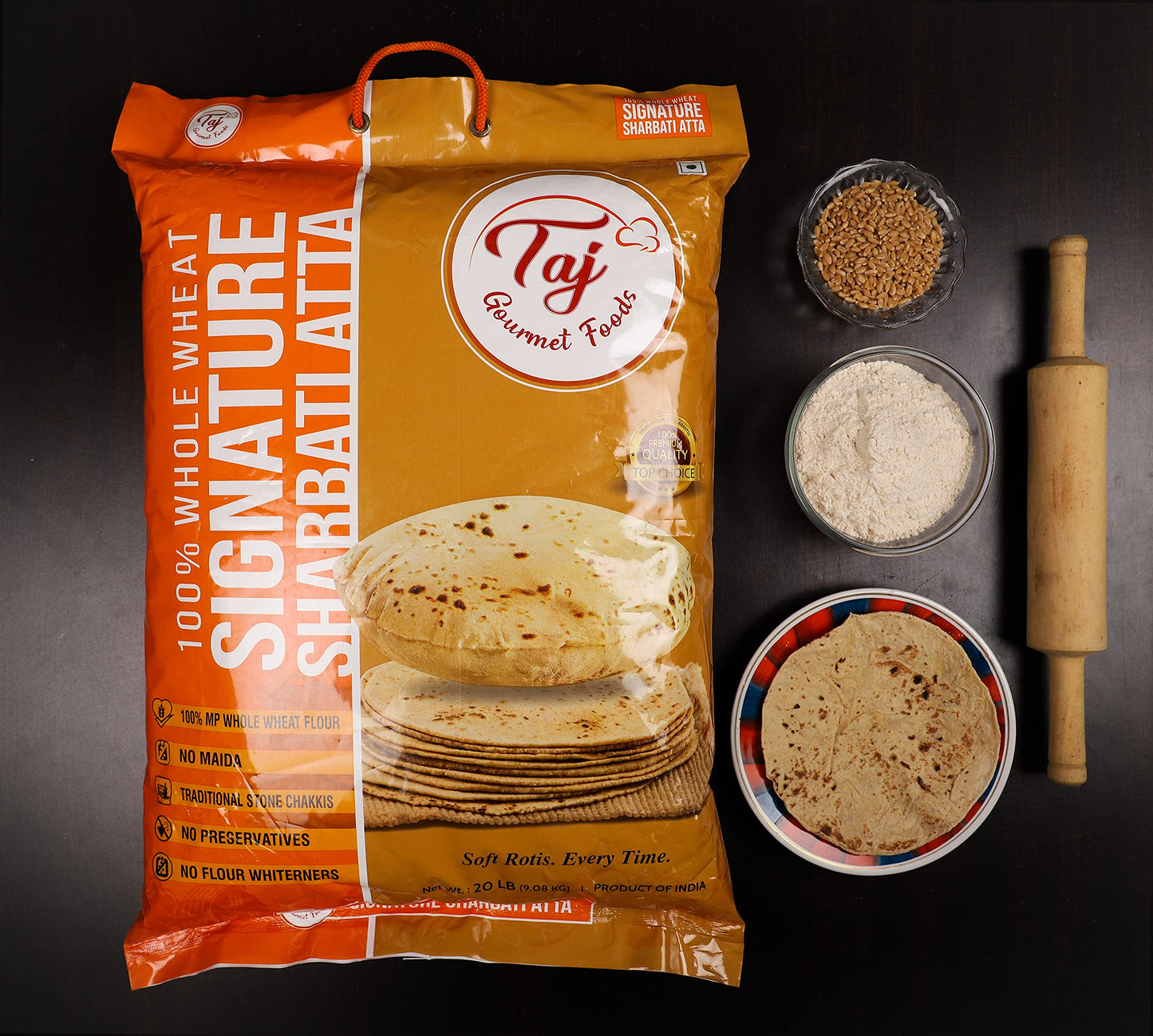 TAJ Signature Sharbati Atta, 10lbs, (Chakki Atta - Stone Ground) 100% Whole Wheat Flour, Chappati Flour